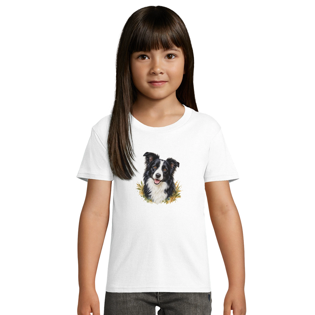Mädchen trägt weißes Bio-Kinder-T-Shirt mit Tierportrait – KI-Motivbeispiel