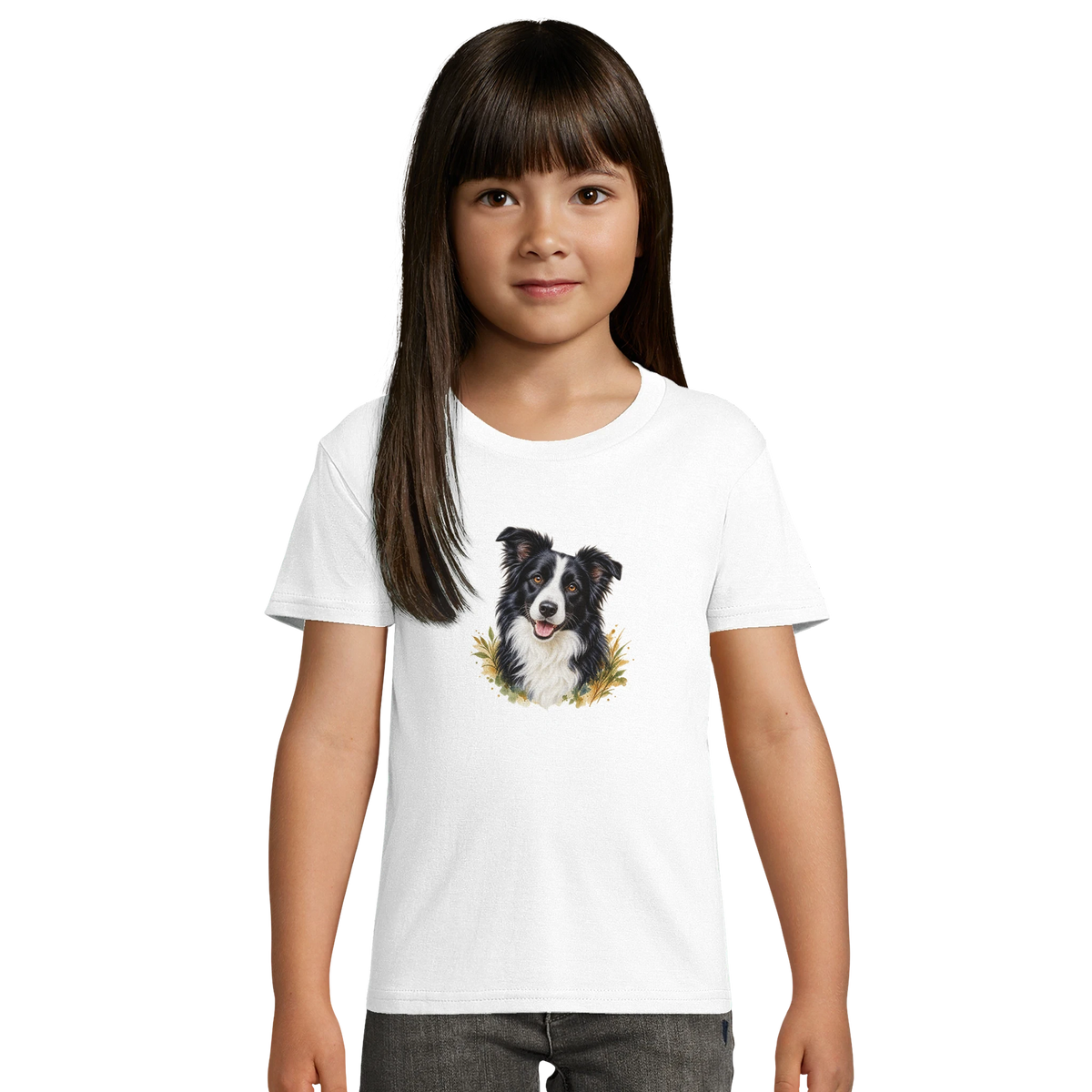Mädchen trägt weißes Bio-Kinder-T-Shirt mit Tierportrait – KI-Motivbeispiel