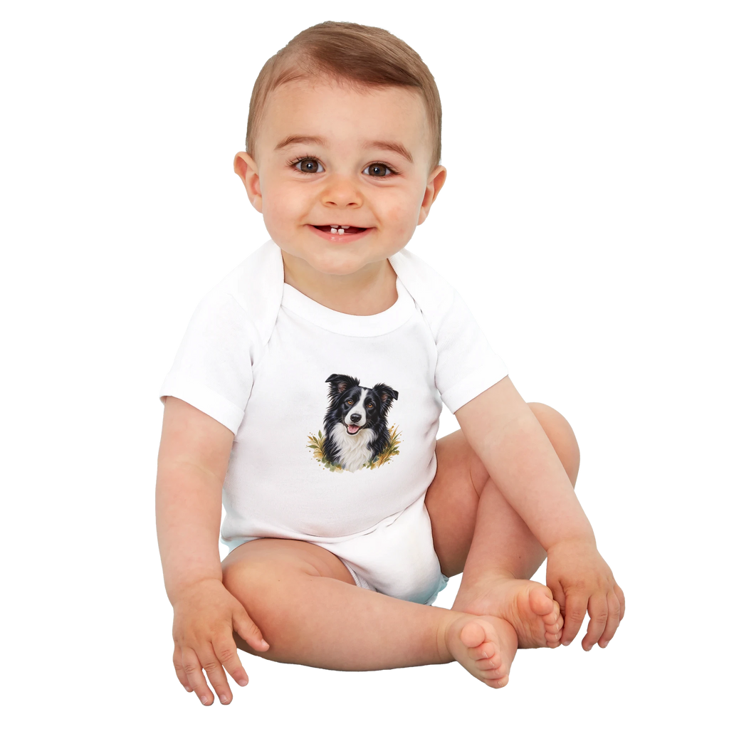 Baby trägt weißen Bio-Babybody mit Tierportrait – KI-Motivbeispiel