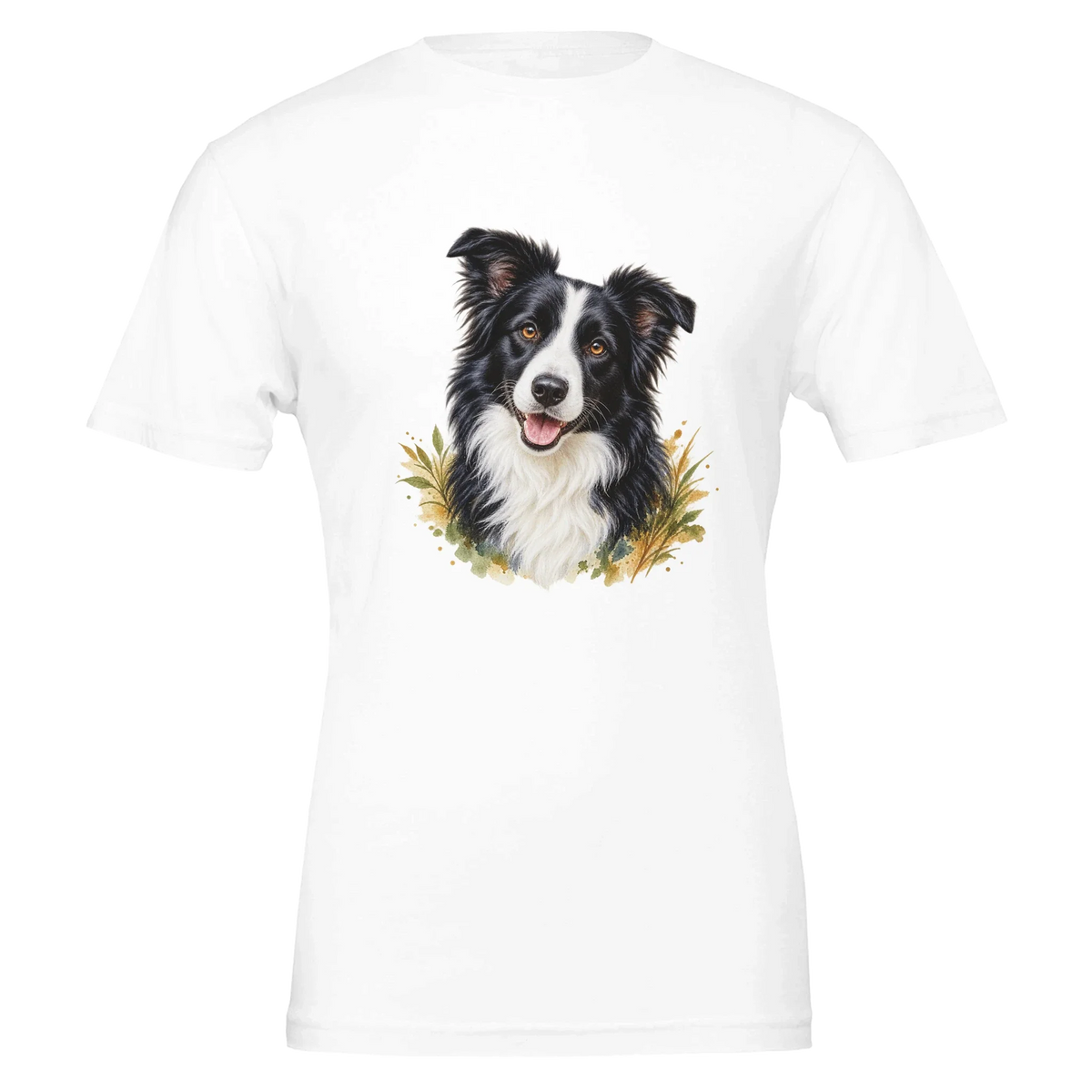 Weißes Premium-T-Shirt mit großem Border-Collie-Tierportrait, zweite Passformansicht
