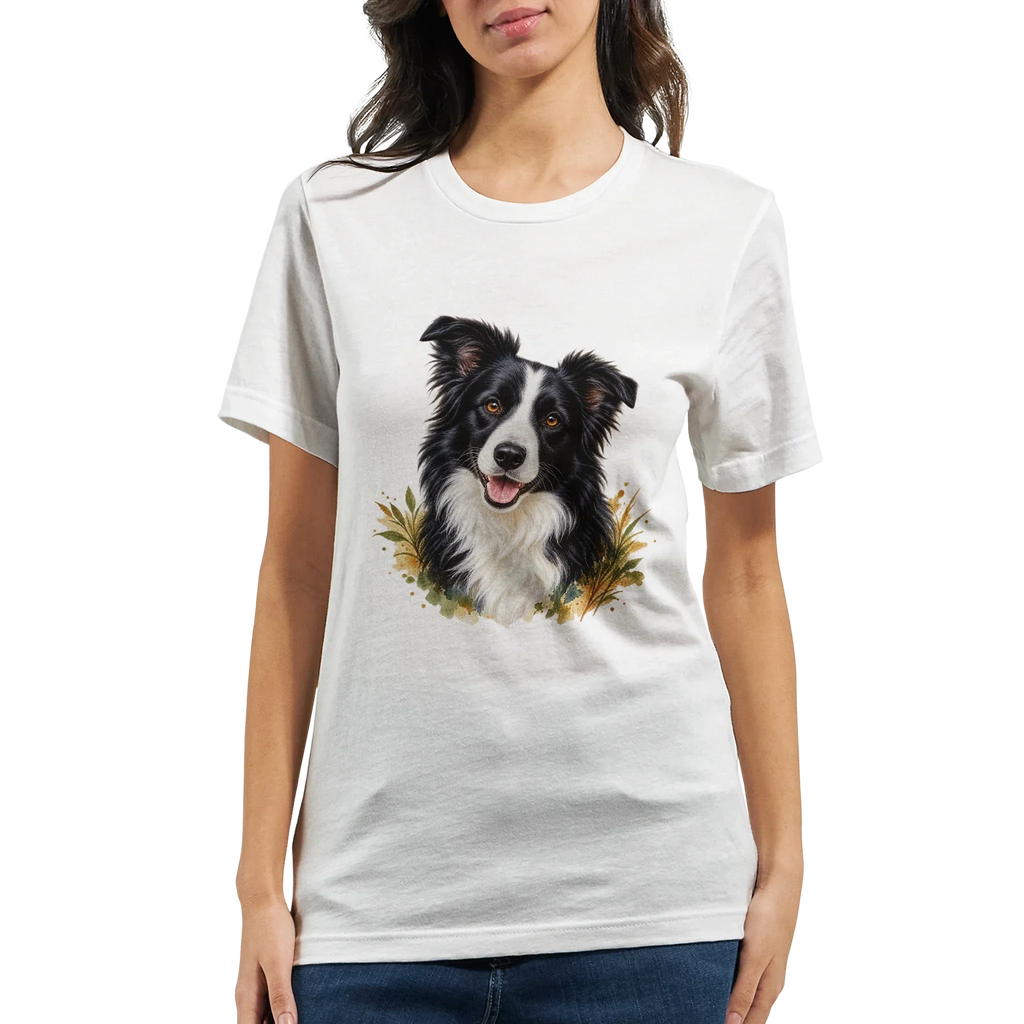Frau trägt ein weißes Premium-T-Shirt mit großem Border-Collie-Tierportrait