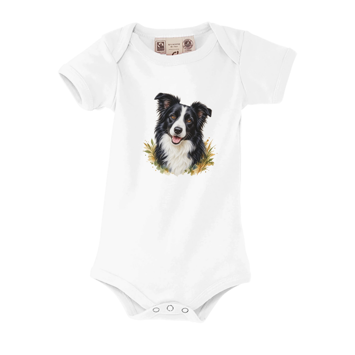Weißer Bio-Babybody mit Tierportrait vorne – KI-Motivbeispiel