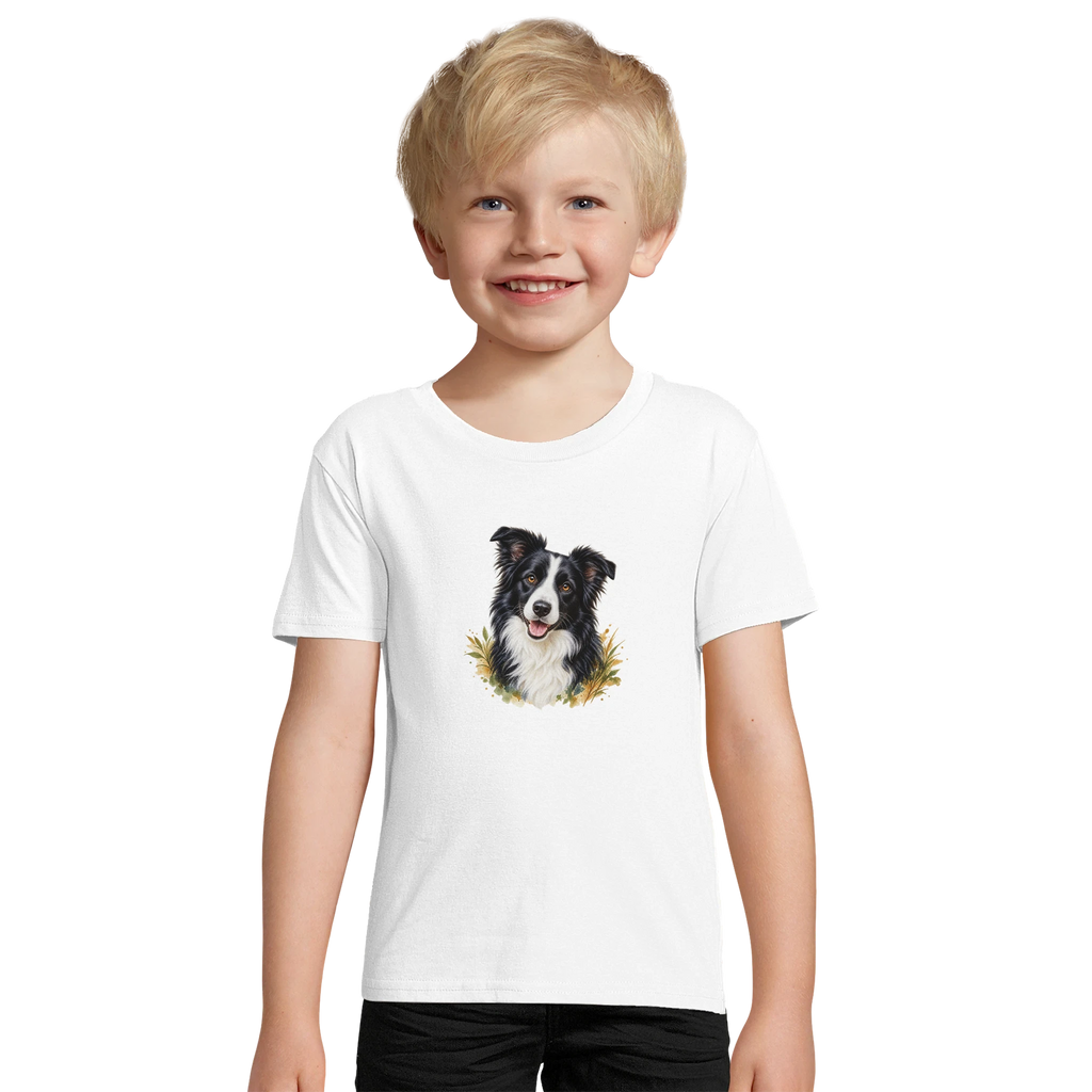 Junge trägt weißes Bio-Kinder-T-Shirt mit Tierportrait – KI-Motivbeispiel