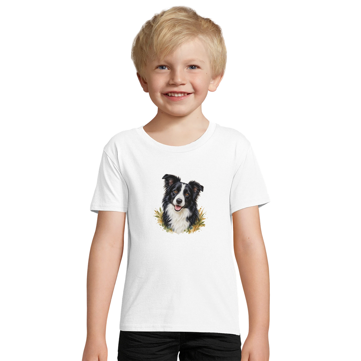 Junge trägt weißes Bio-Kinder-T-Shirt mit Tierportrait – KI-Motivbeispiel