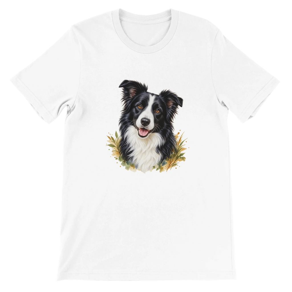 Weißes Premium-T-Shirt mit großem Border-Collie-Tierportrait, flache Frontansicht