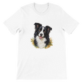 Weißes Premium-T-Shirt mit großem Border-Collie-Tierportrait, flache Frontansicht