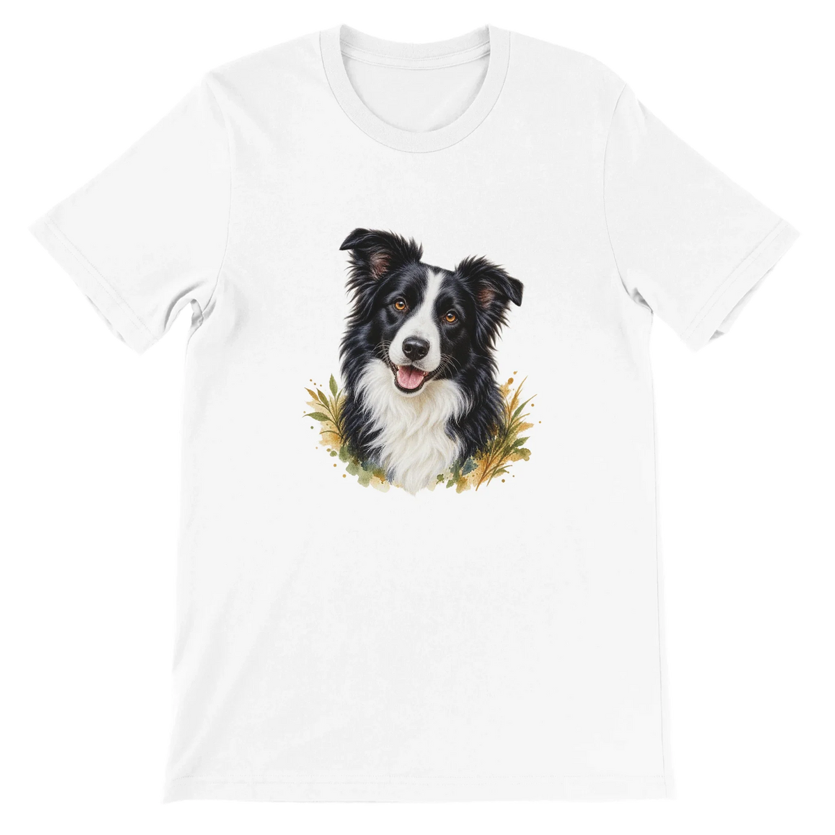 Weißes Premium-T-Shirt mit großem Border-Collie-Tierportrait, flache Frontansicht