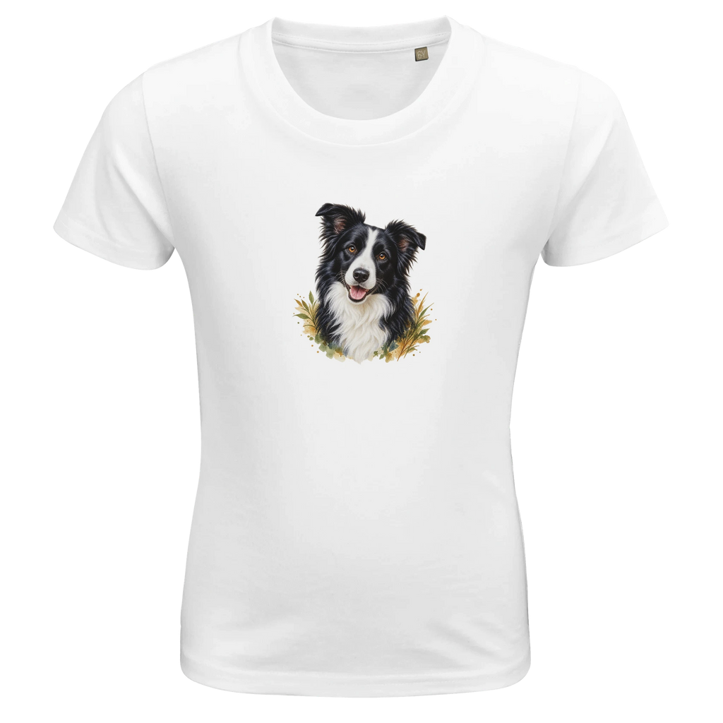 Weißes Bio-Kinder-T-Shirt mit Tierportrait auf der Vorderseite – KI-Motivbeispiel
