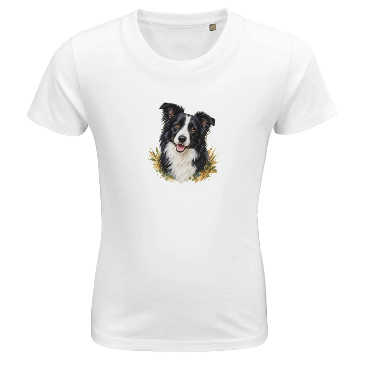 Weißes Bio-Kinder-T-Shirt mit Tierportrait auf der Vorderseite – KI-Motivbeispiel