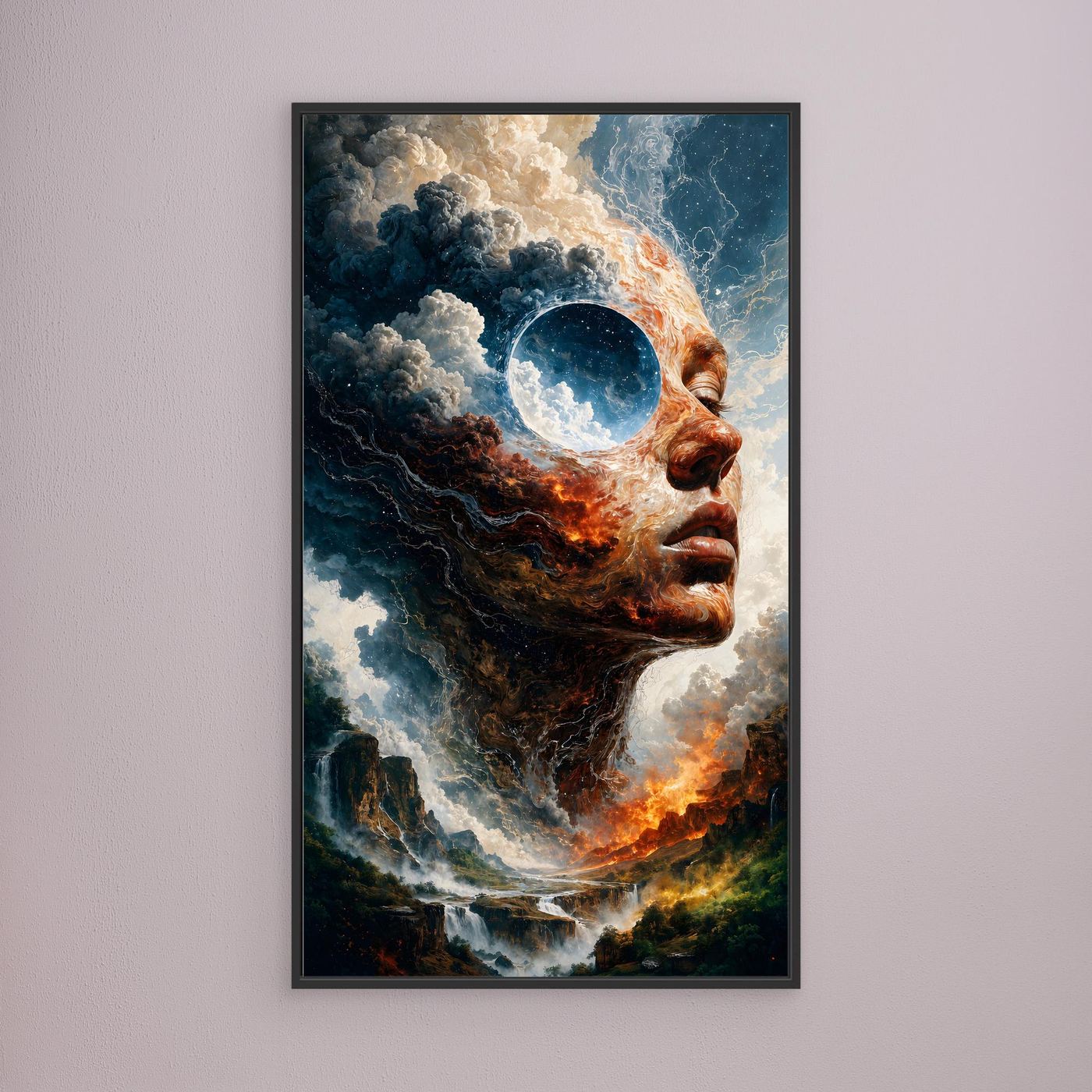 Zwischen Feuer und Himmel – Surreales XXL Leinwandbild mit Gesicht und Landschaft | FAR 01
