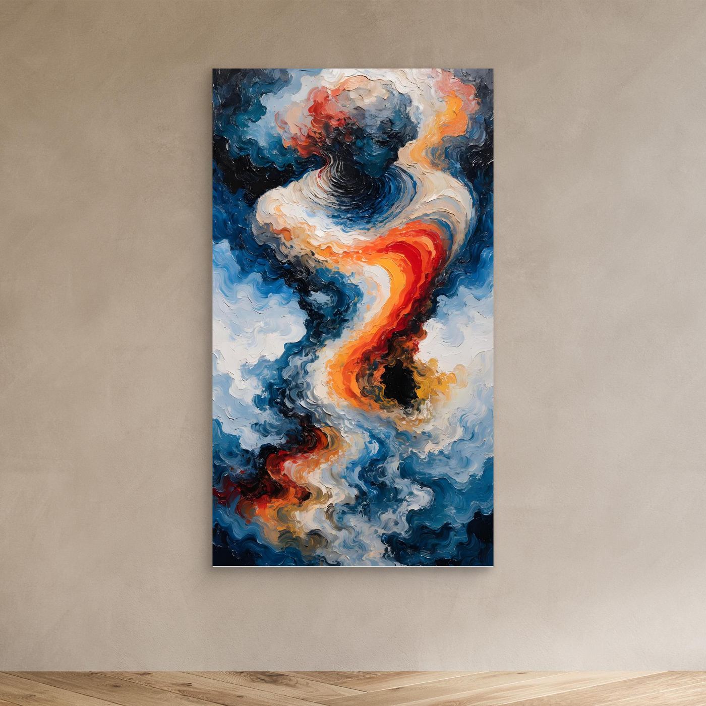 Zwischen Feuer und Meer – zwei wirbelnde Energieformen in dynamischer Balance als XXL Leinwandbild | WILD No. 05
