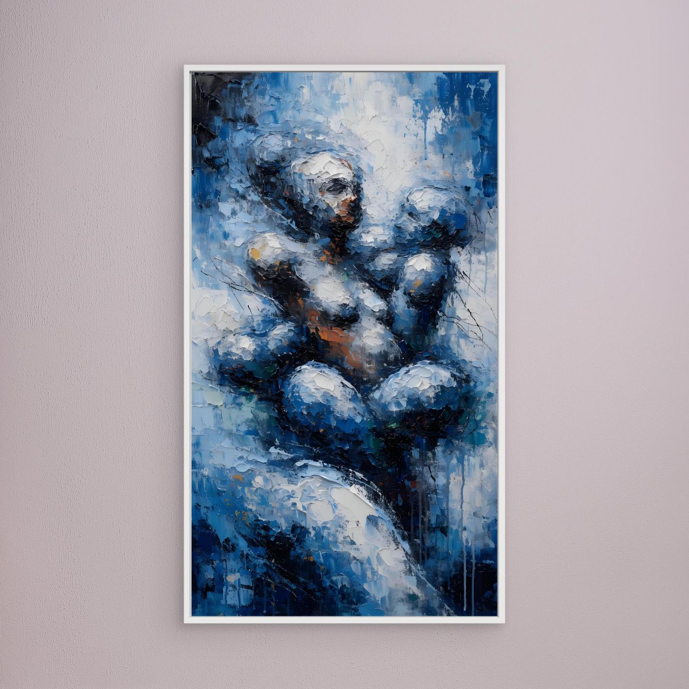 Halt im Wandel – zwei ineinander ruhende Figuren aus blauen Farbschichten als XXL Leinwandbild | CALM No. 04