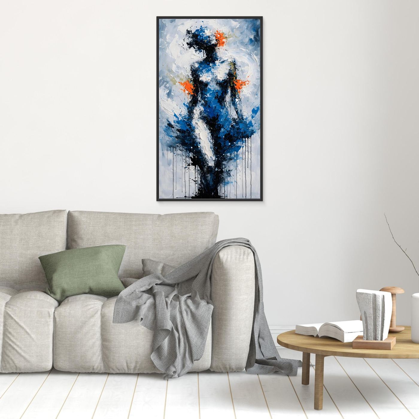 Aufrecht im Blau – eine aufrechte abstrakte Figur aus dynamischen Pinselspuren als XXL Leinwandbild | FOCUS No. 05