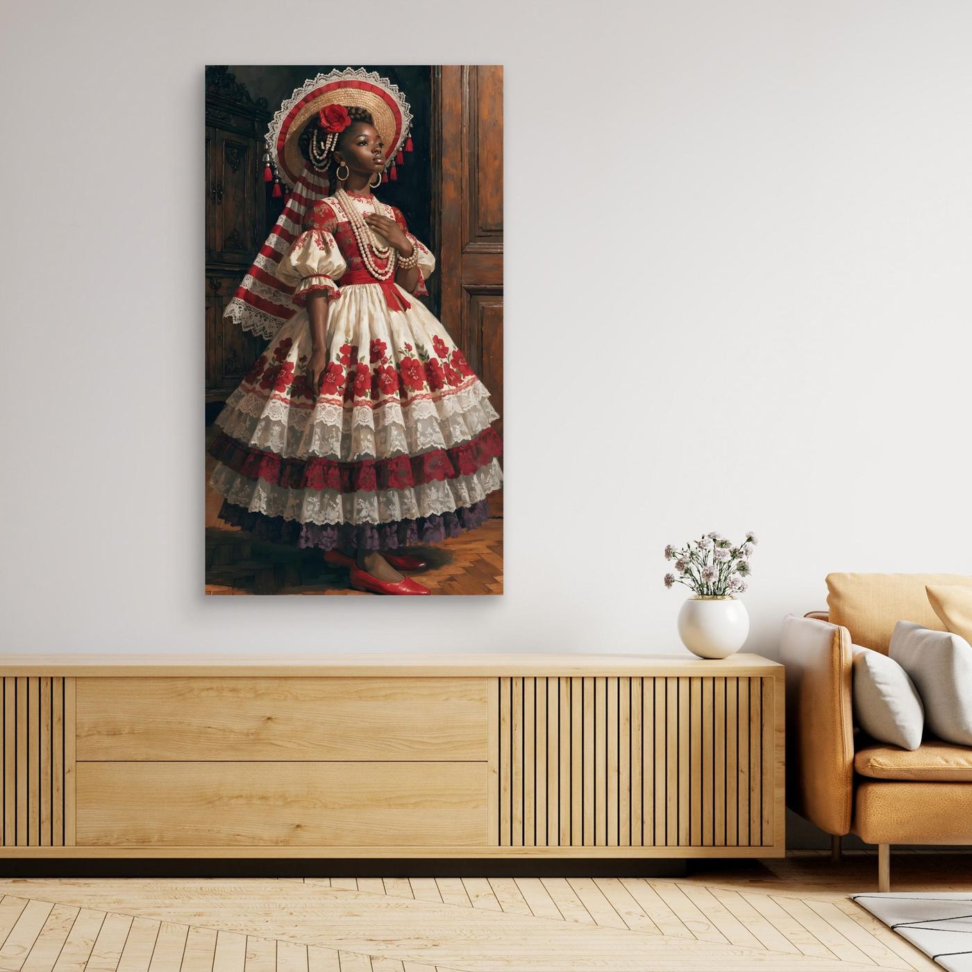 In Würde erblüht – ein elegantes Frauenporträt in opulentem Blütenkleid und kunstvollem Hut als XXL Leinwandbild | BOLD No. 08