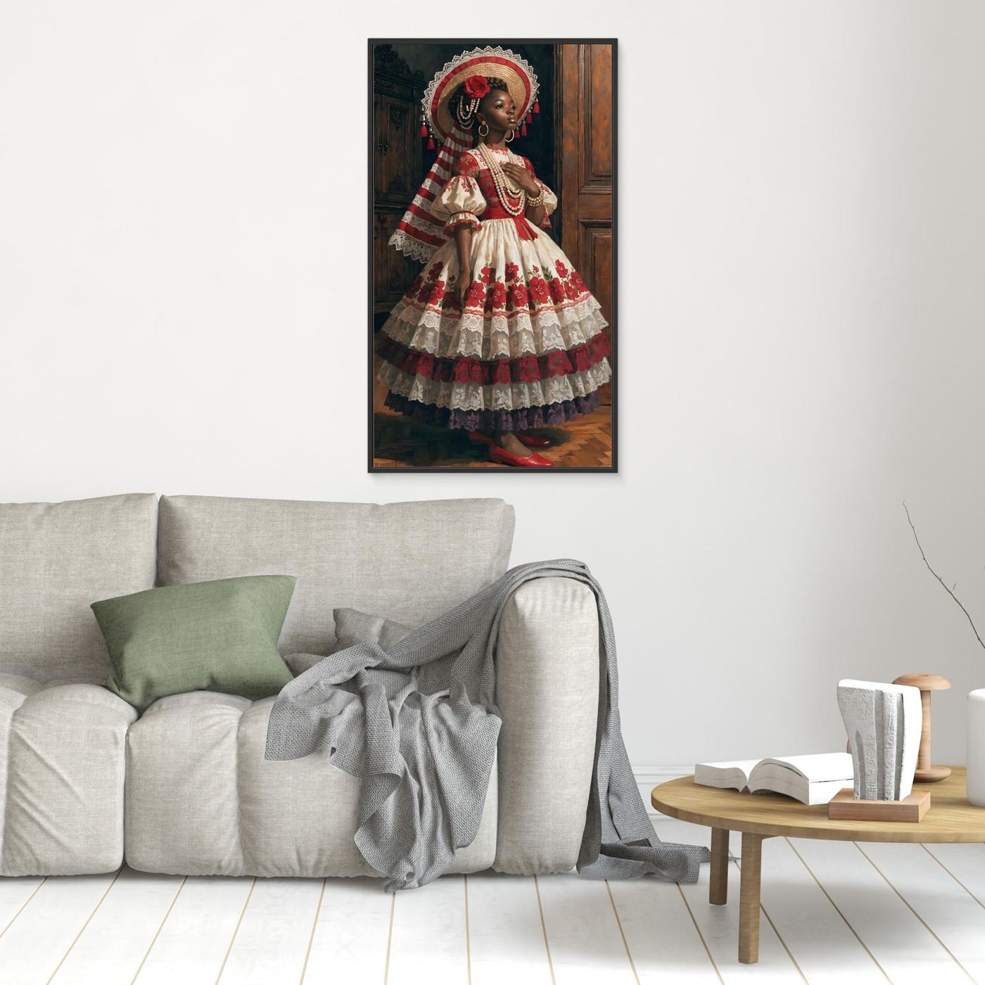 In Würde erblüht – ein elegantes Frauenporträt in opulentem Blütenkleid und kunstvollem Hut als XXL Leinwandbild | BOLD No. 08