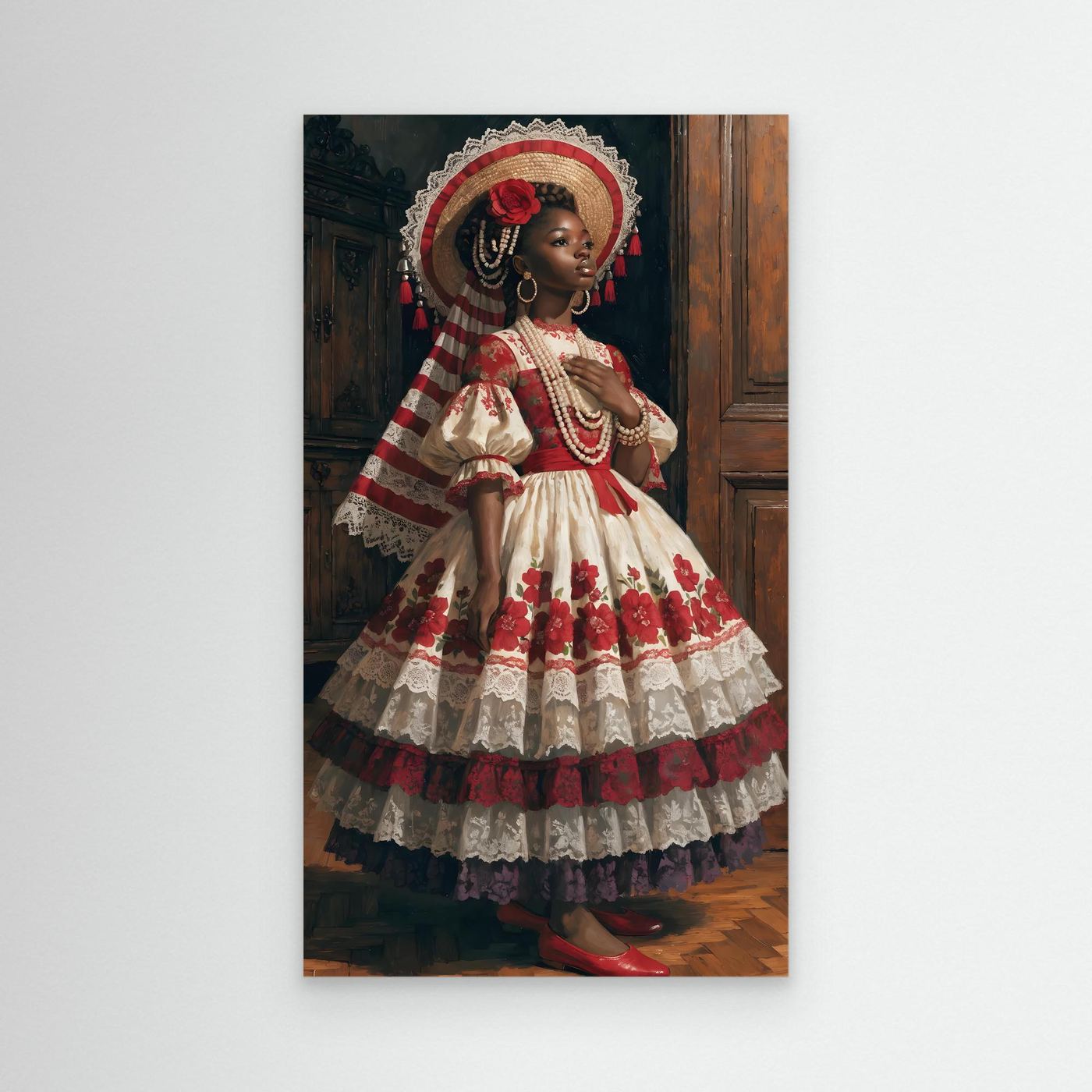 In Würde erblüht – ein elegantes Frauenporträt in opulentem Blütenkleid und kunstvollem Hut als XXL Leinwandbild | BOLD No. 08