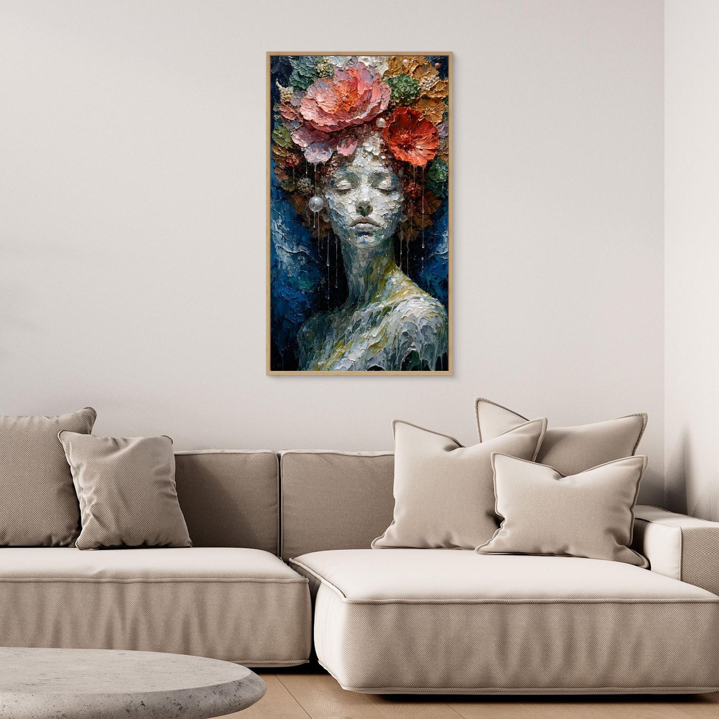 Blühende Stille – Feminines XXL Leinwandbild mit Blumen in Blau und Koralle | CALM 01