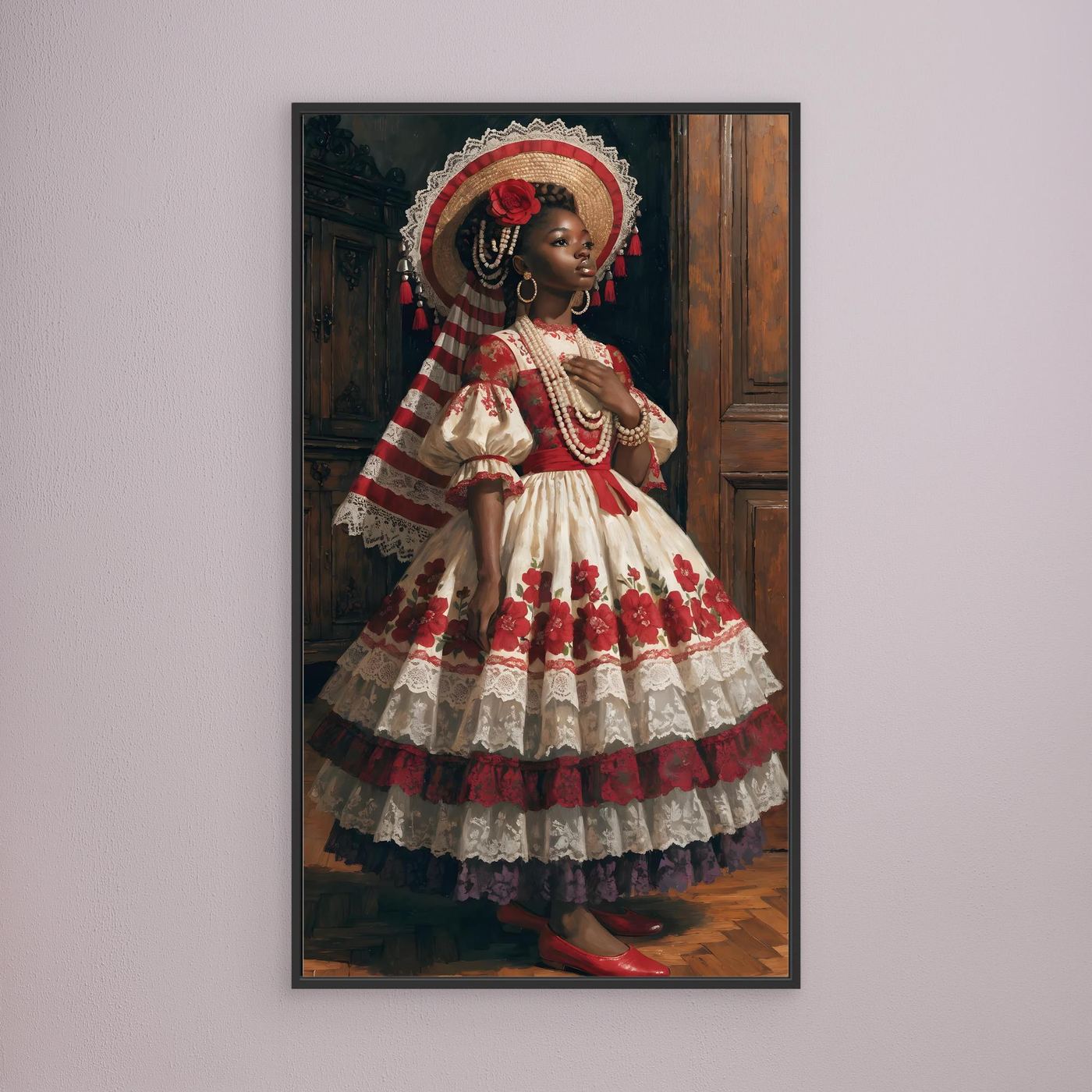 In Würde erblüht – ein elegantes Frauenporträt in opulentem Blütenkleid und kunstvollem Hut als XXL Leinwandbild | BOLD No. 08