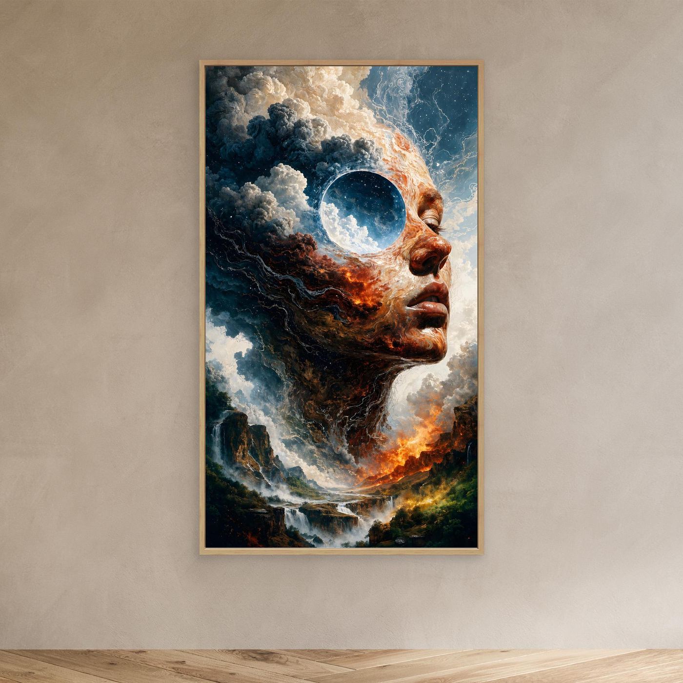 Zwischen Feuer und Himmel – Surreales XXL Leinwandbild mit Gesicht und Landschaft | FAR 01