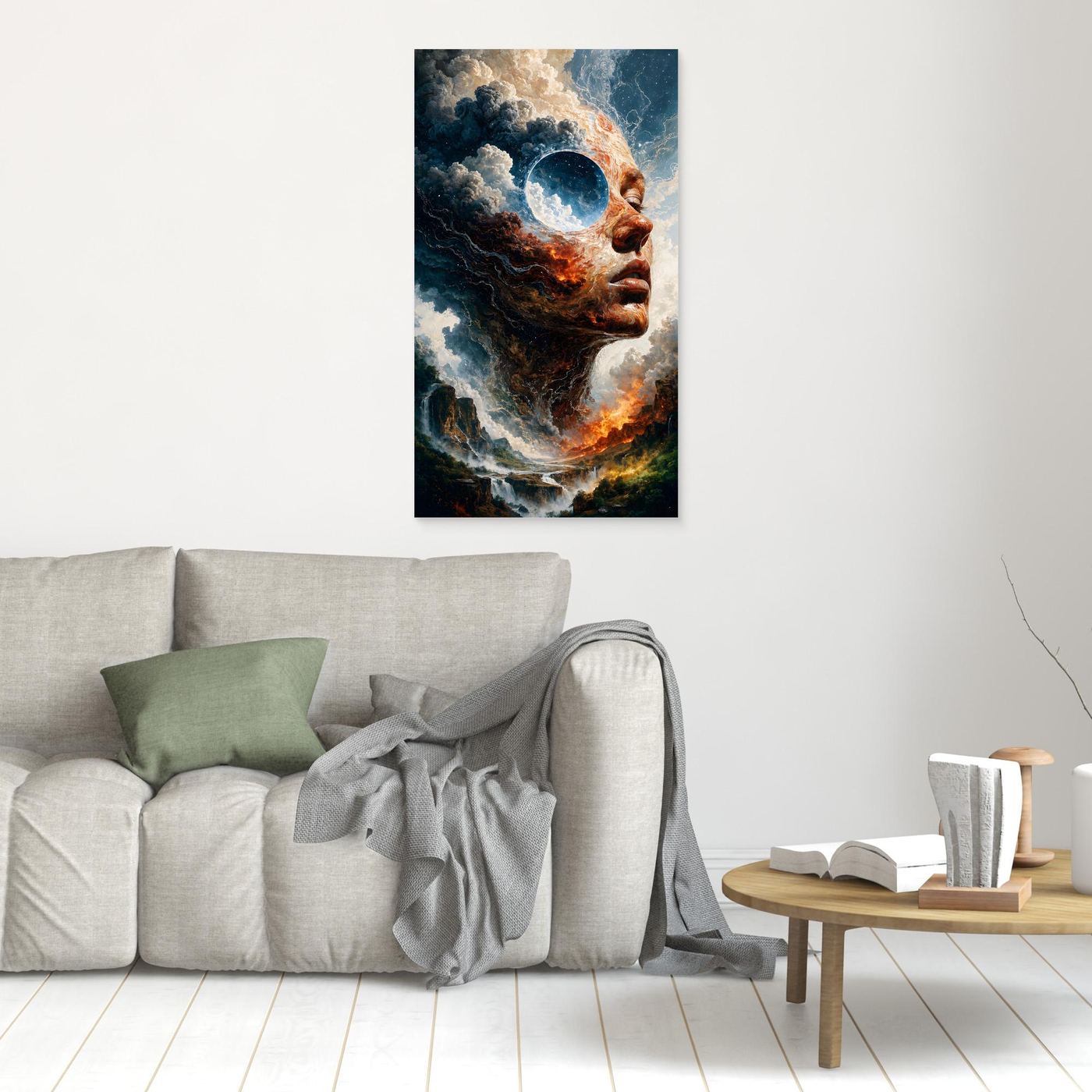 Zwischen Feuer und Himmel – Surreales XXL Leinwandbild mit Gesicht und Landschaft | FAR 01