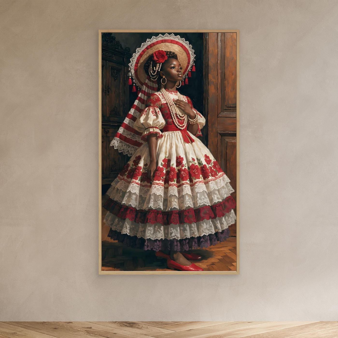 In Würde erblüht – ein elegantes Frauenporträt in opulentem Blütenkleid und kunstvollem Hut als XXL Leinwandbild | BOLD No. 08