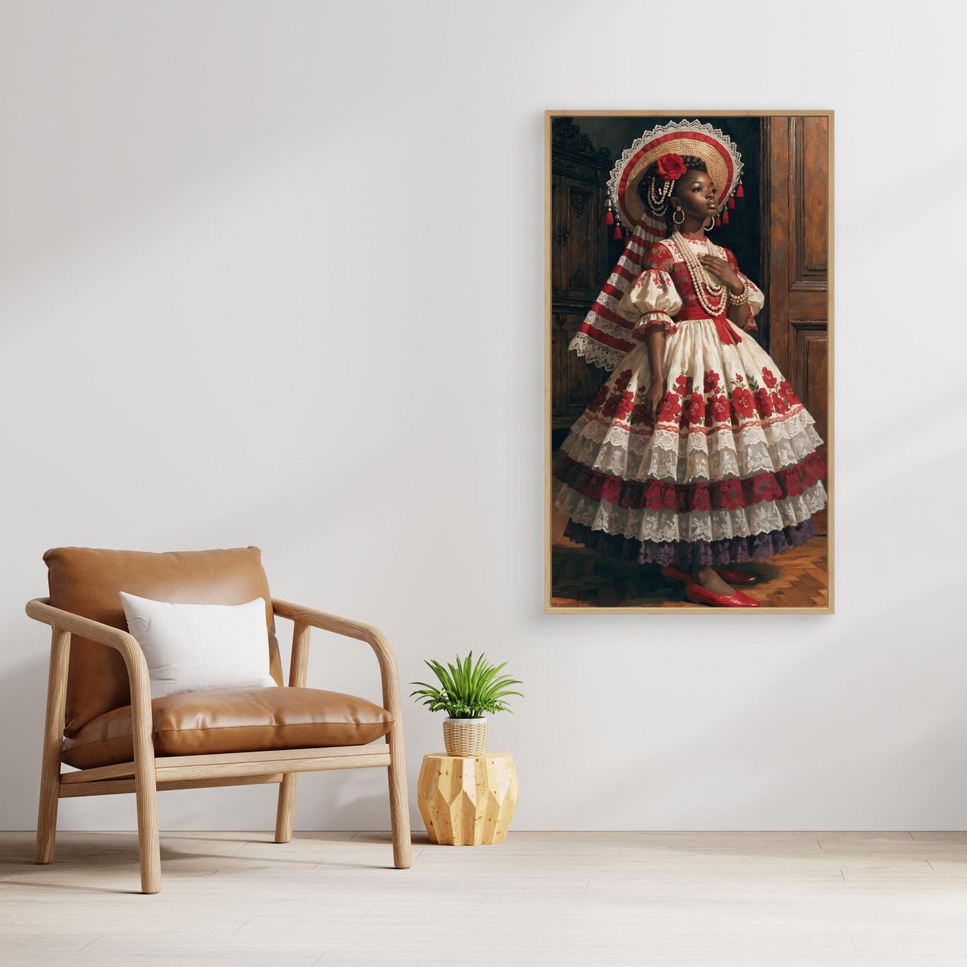 In Würde erblüht – ein elegantes Frauenporträt in opulentem Blütenkleid und kunstvollem Hut als XXL Leinwandbild | BOLD No. 08