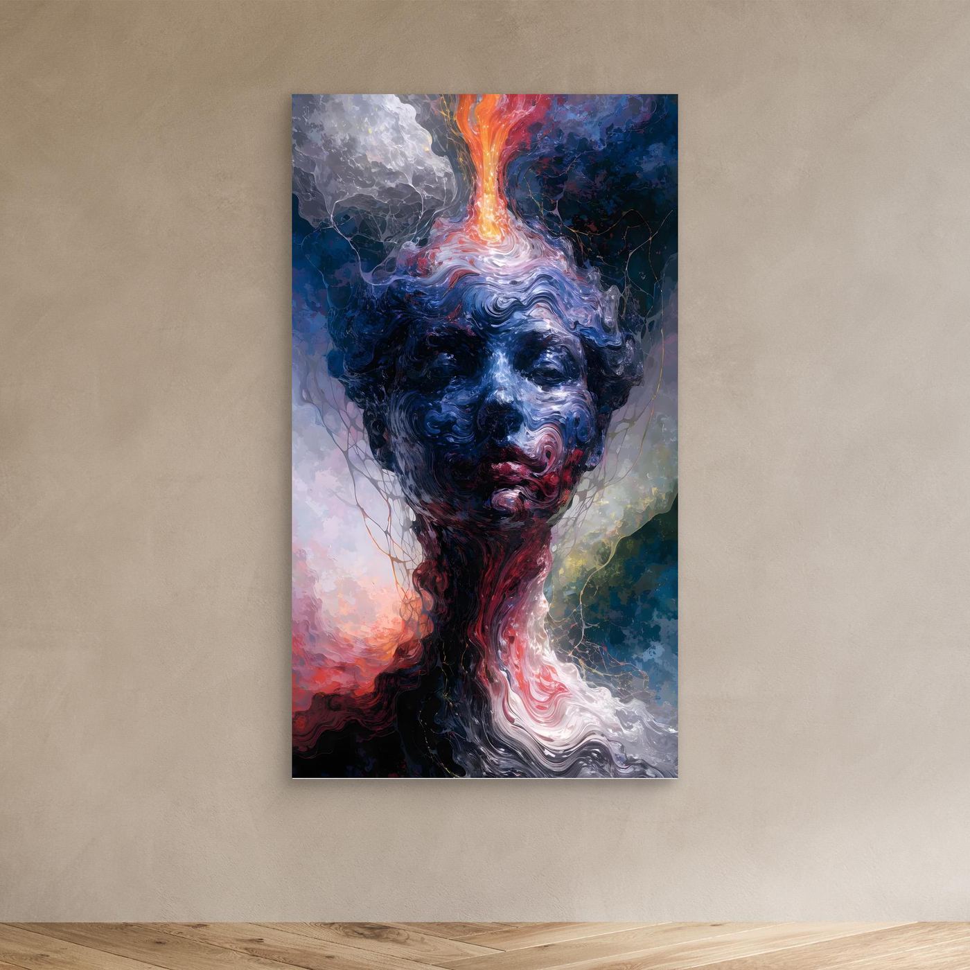 Das Feuer in mir – Surreales XXL Porträt in Blau, Rot und Orange | BOLD No. 06