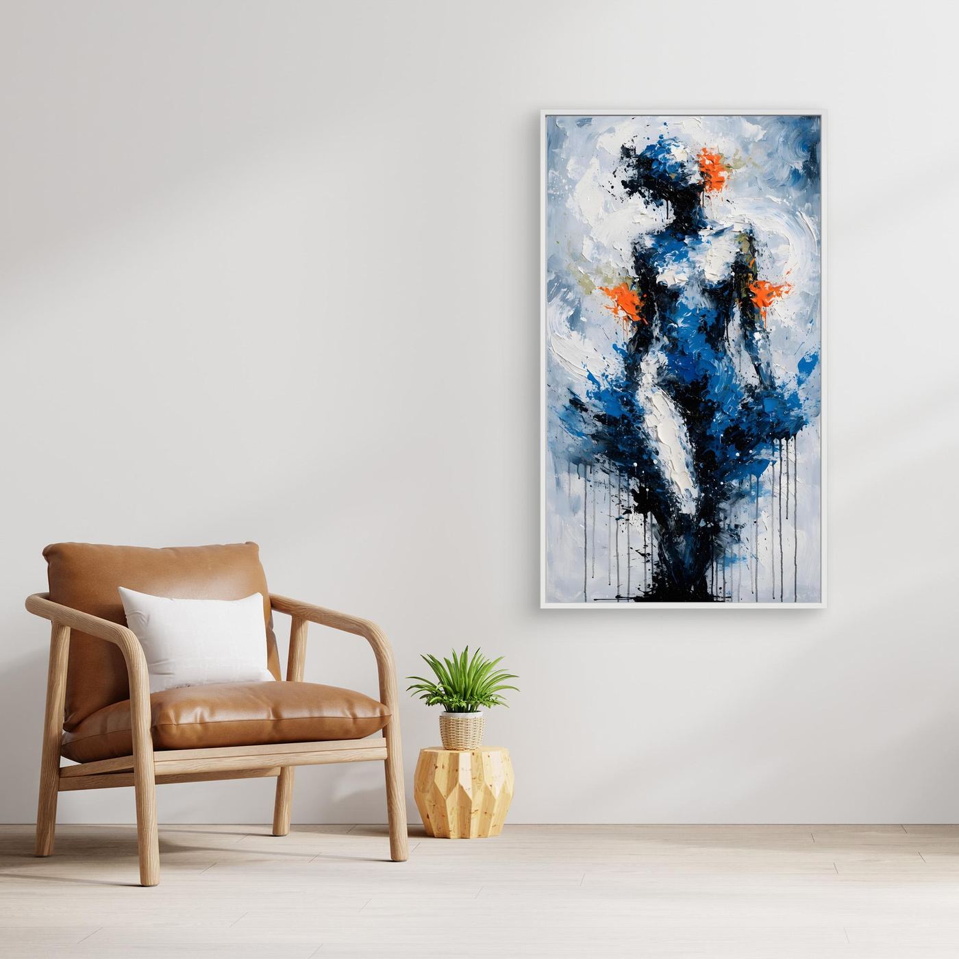 Aufrecht im Blau – eine aufrechte abstrakte Figur aus dynamischen Pinselspuren als XXL Leinwandbild | FOCUS No. 05
