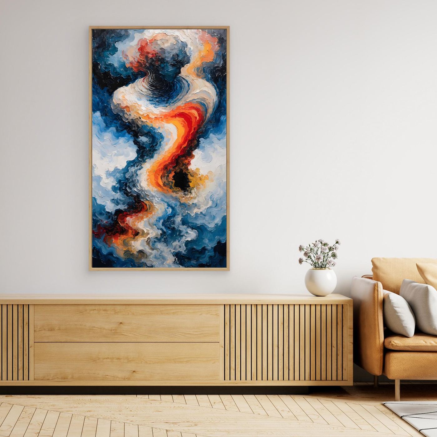 Zwischen Feuer und Meer – zwei wirbelnde Energieformen in dynamischer Balance als XXL Leinwandbild | WILD No. 05