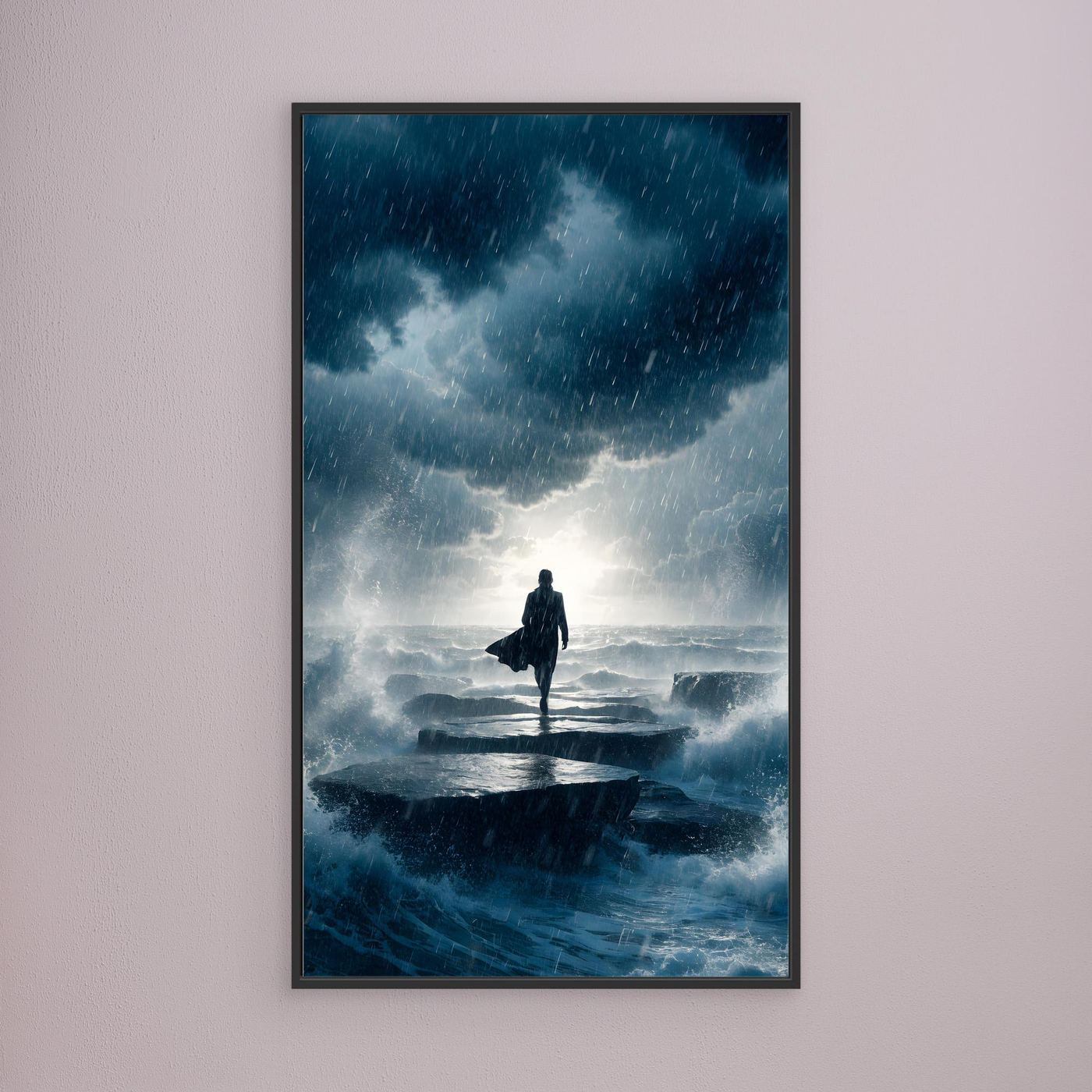 Durch den Sturm – eine einsame Gestalt auf einem Weg durch Regen, Wellen und dunkle Wolken als XXL Leinwandbild | FAR No. 03