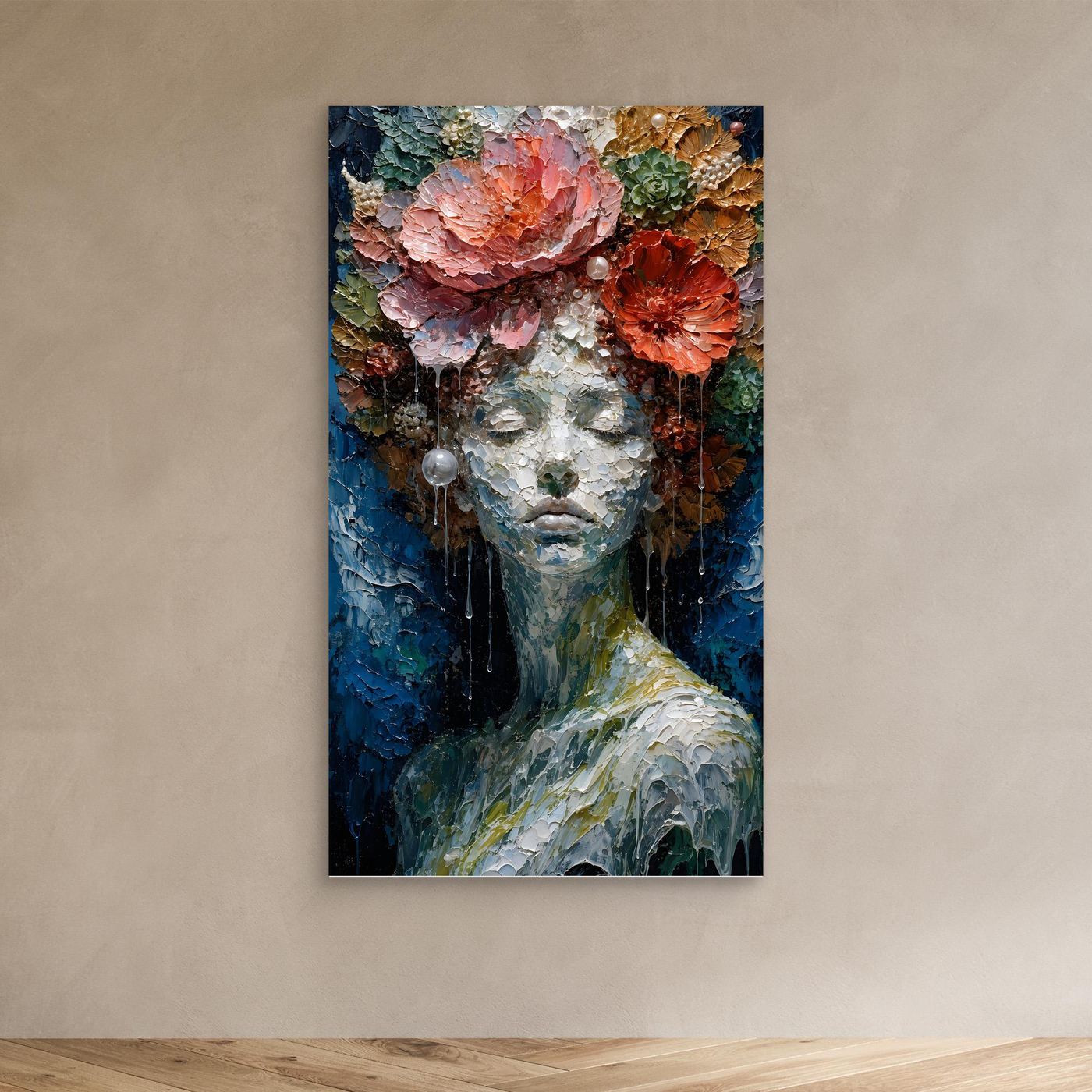 Blühende Stille – Feminines XXL Leinwandbild mit Blumen in Blau und Koralle | CALM 01