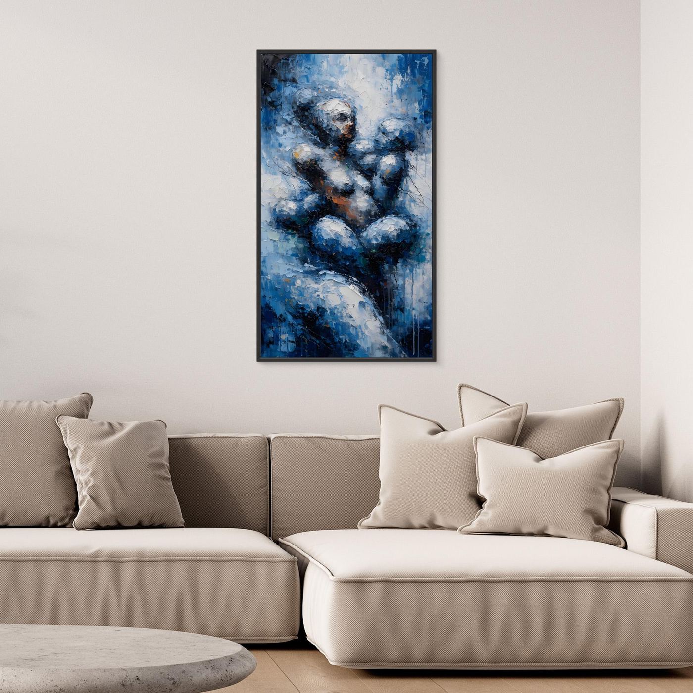 Halt im Wandel – zwei ineinander ruhende Figuren aus blauen Farbschichten als XXL Leinwandbild | CALM No. 04