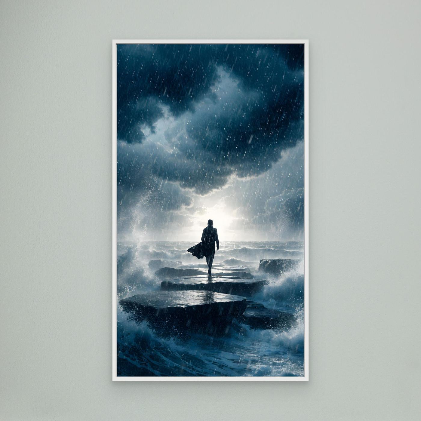 Durch den Sturm – eine einsame Gestalt auf einem Weg durch Regen, Wellen und dunkle Wolken als XXL Leinwandbild | FAR No. 03