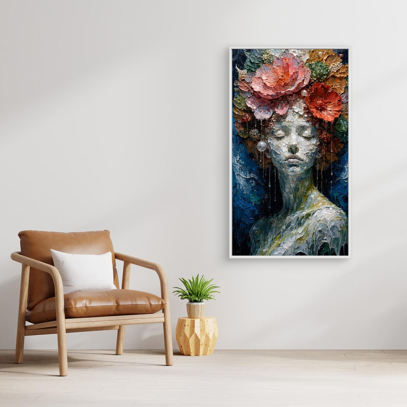 Blühende Stille – Feminines XXL Leinwandbild mit Blumen in Blau und Koralle | CALM 01