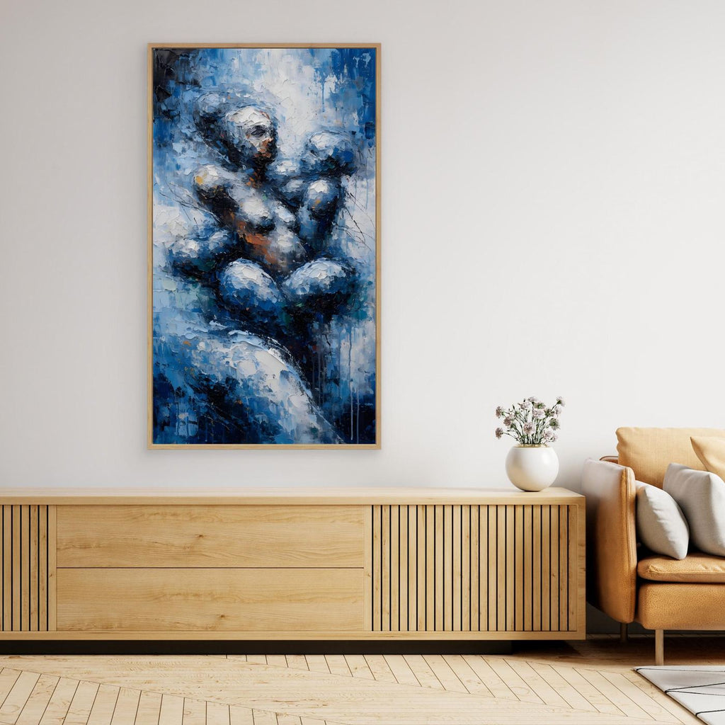 Halt im Wandel – zwei ineinander ruhende Figuren aus blauen Farbschichten als XXL Leinwandbild | CALM No. 04