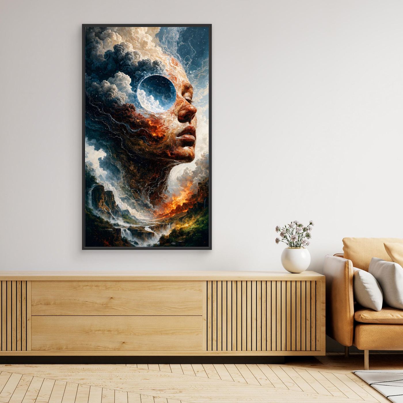 Zwischen Feuer und Himmel – Surreales XXL Leinwandbild mit Gesicht und Landschaft | FAR 01