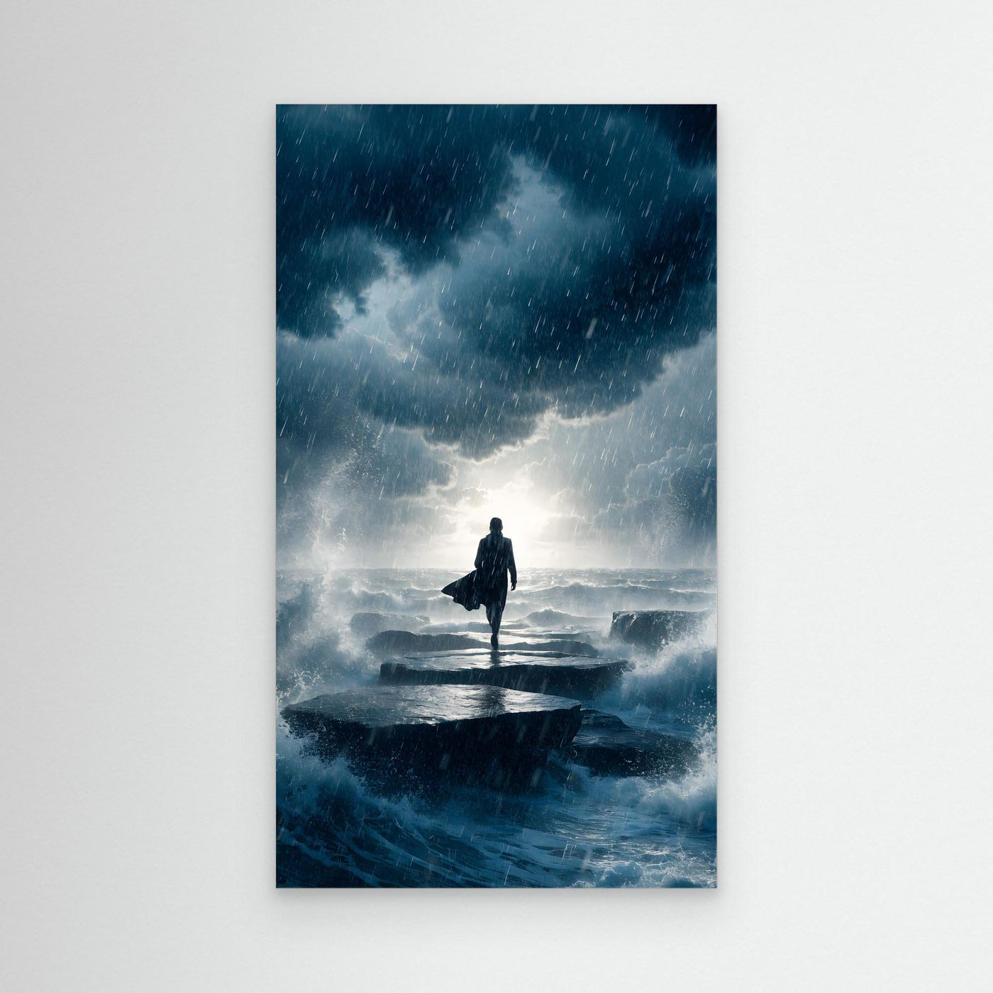 Durch den Sturm – eine einsame Gestalt auf einem Weg durch Regen, Wellen und dunkle Wolken als XXL Leinwandbild | FAR No. 03