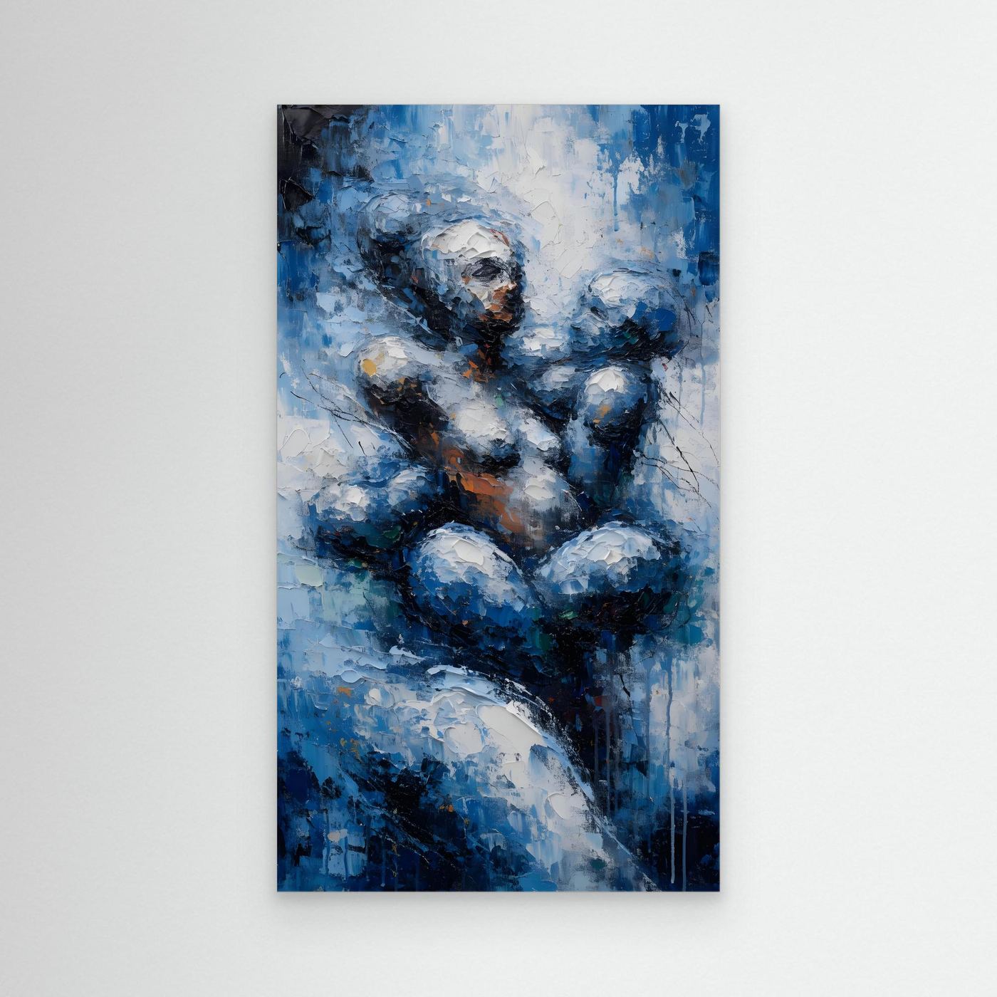 Halt im Wandel – zwei ineinander ruhende Figuren aus blauen Farbschichten als XXL Leinwandbild | CALM No. 04