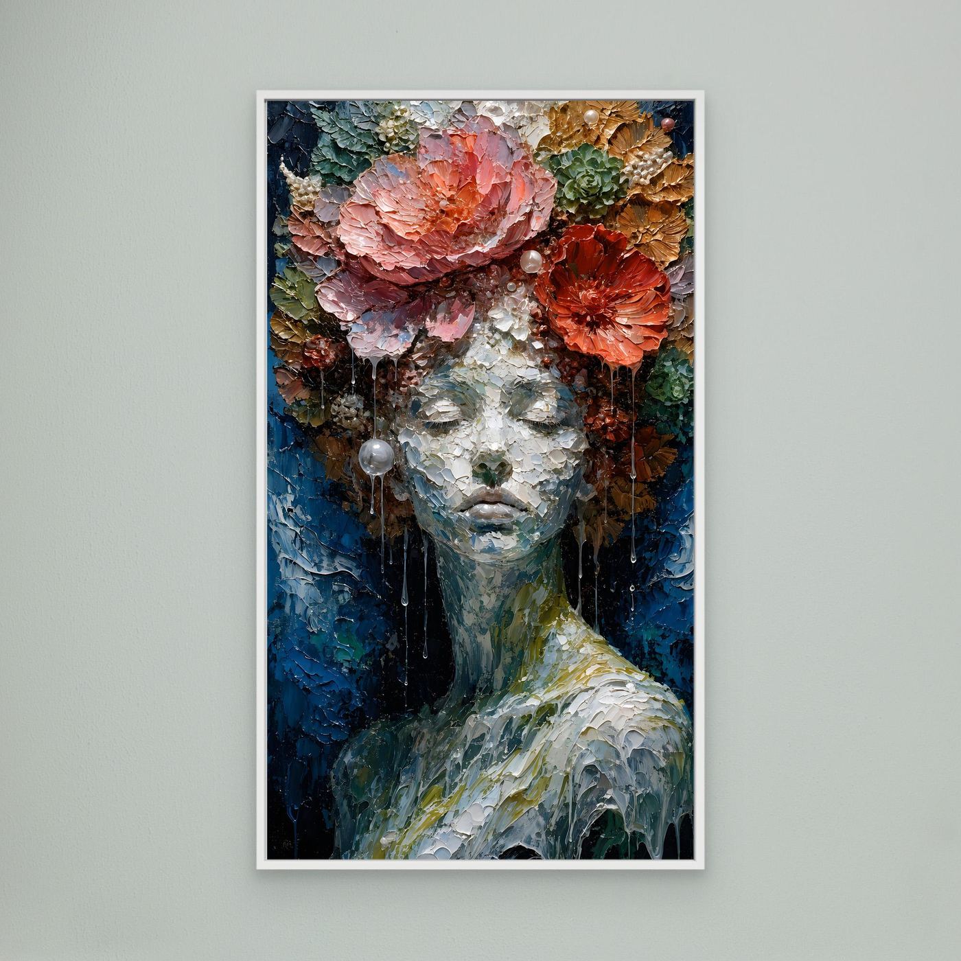 Blühende Stille – Feminines XXL Leinwandbild mit Blumen in Blau und Koralle | CALM 01