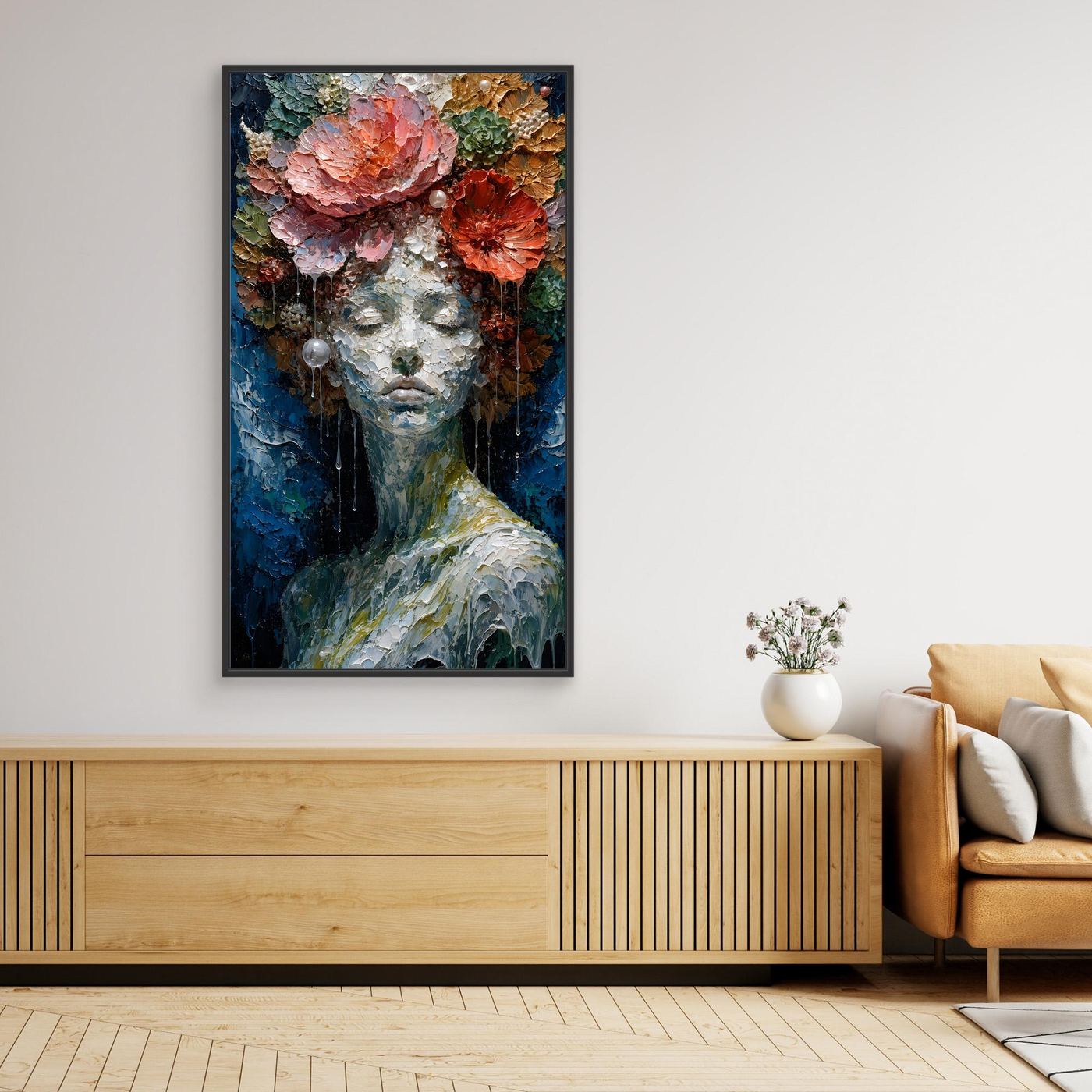 Blühende Stille – Feminines XXL Leinwandbild mit Blumen in Blau und Koralle | CALM 01