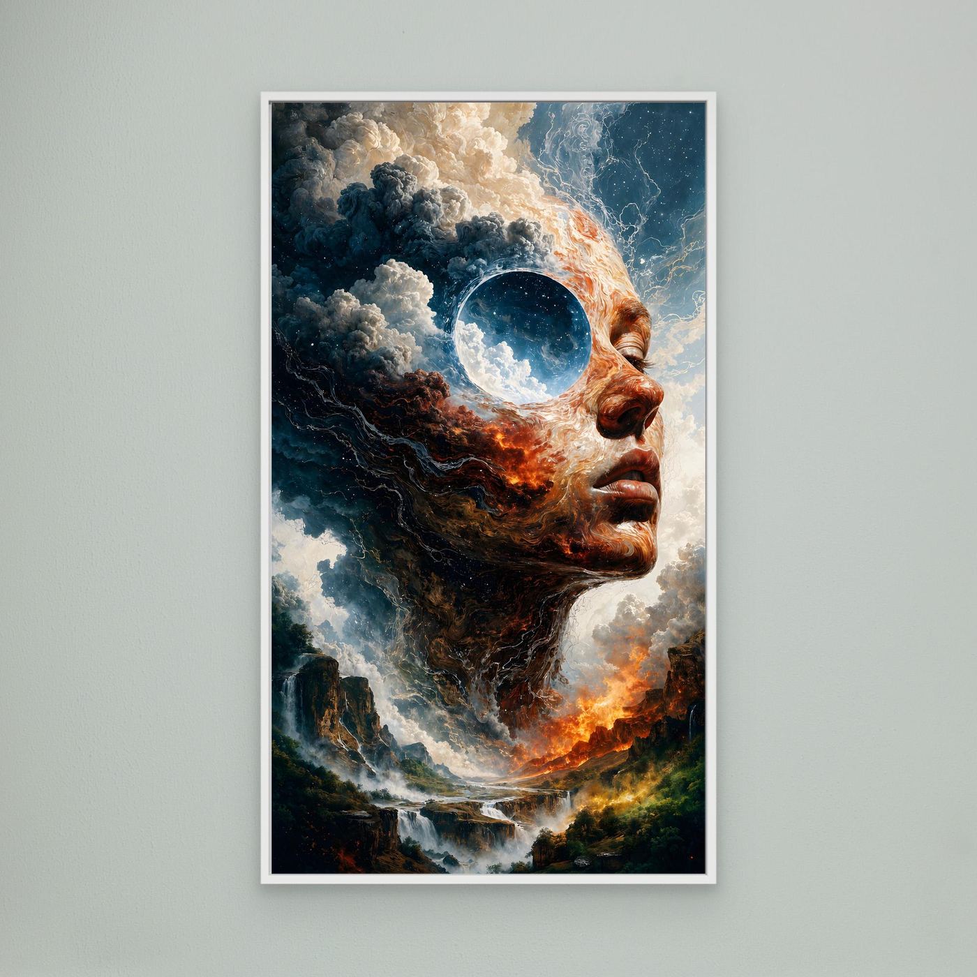 Zwischen Feuer und Himmel – Surreales XXL Leinwandbild mit Gesicht und Landschaft | FAR 01