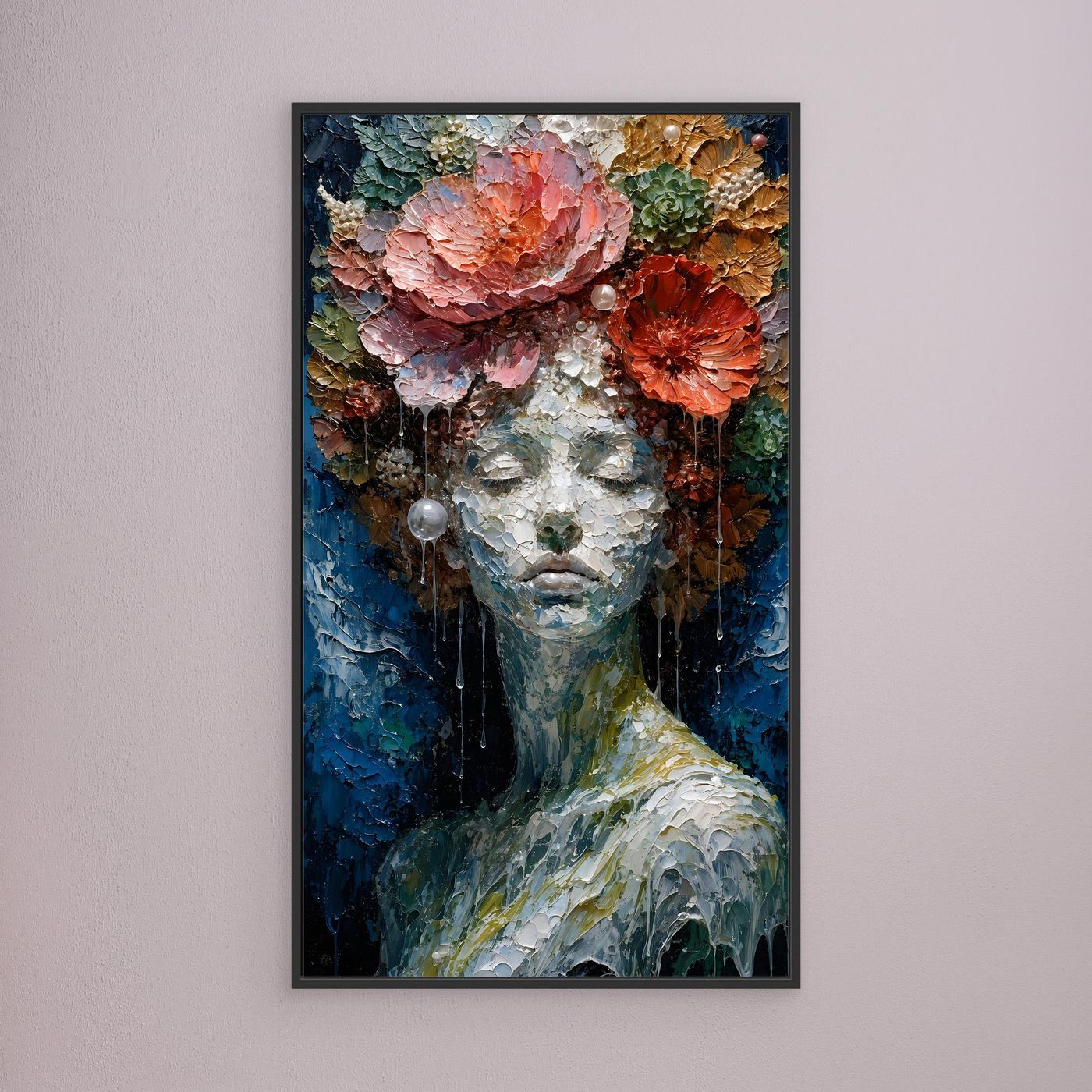 Blühende Stille – Feminines XXL Leinwandbild mit Blumen in Blau und Koralle | CALM 01