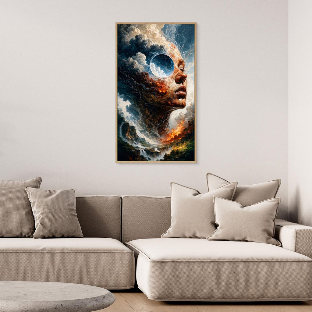 Zwischen Feuer und Himmel – Surreales XXL Leinwandbild mit Gesicht und Landschaft | FAR 01