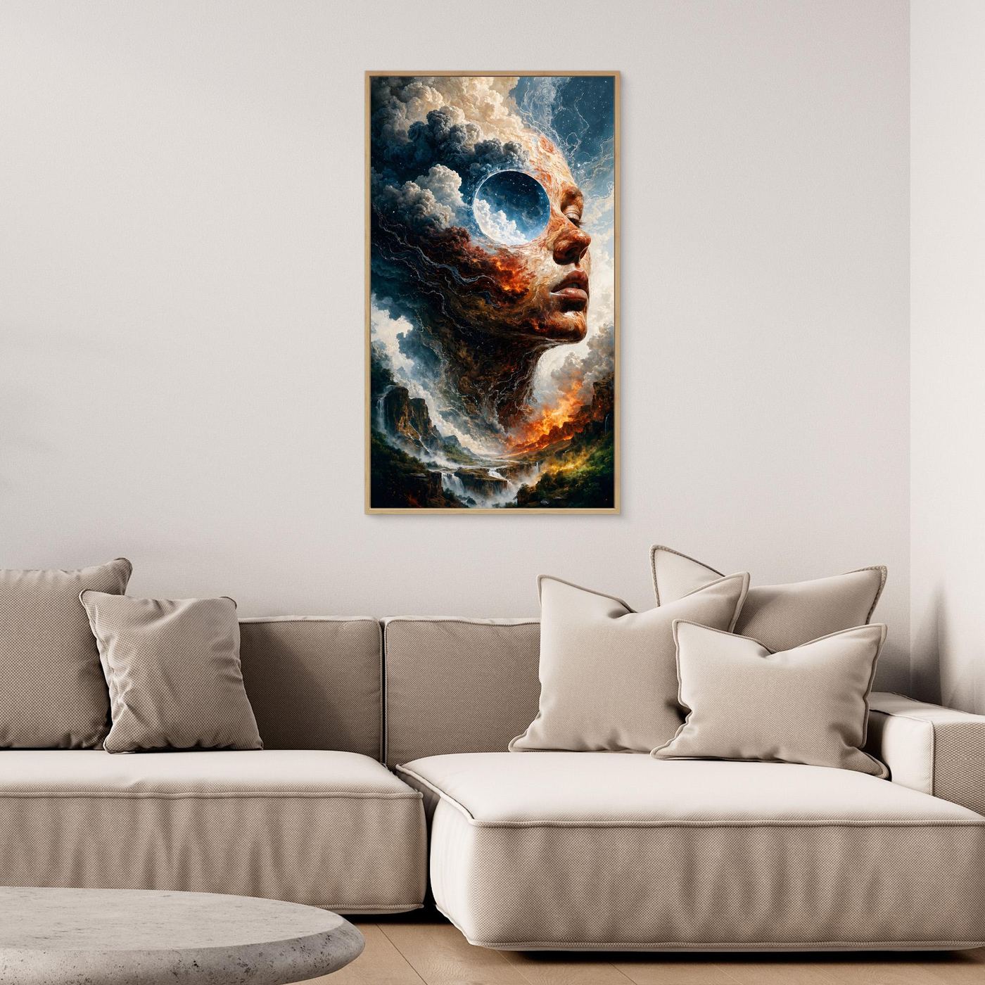 Zwischen Feuer und Himmel – Surreales XXL Leinwandbild mit Gesicht und Landschaft | FAR 01
