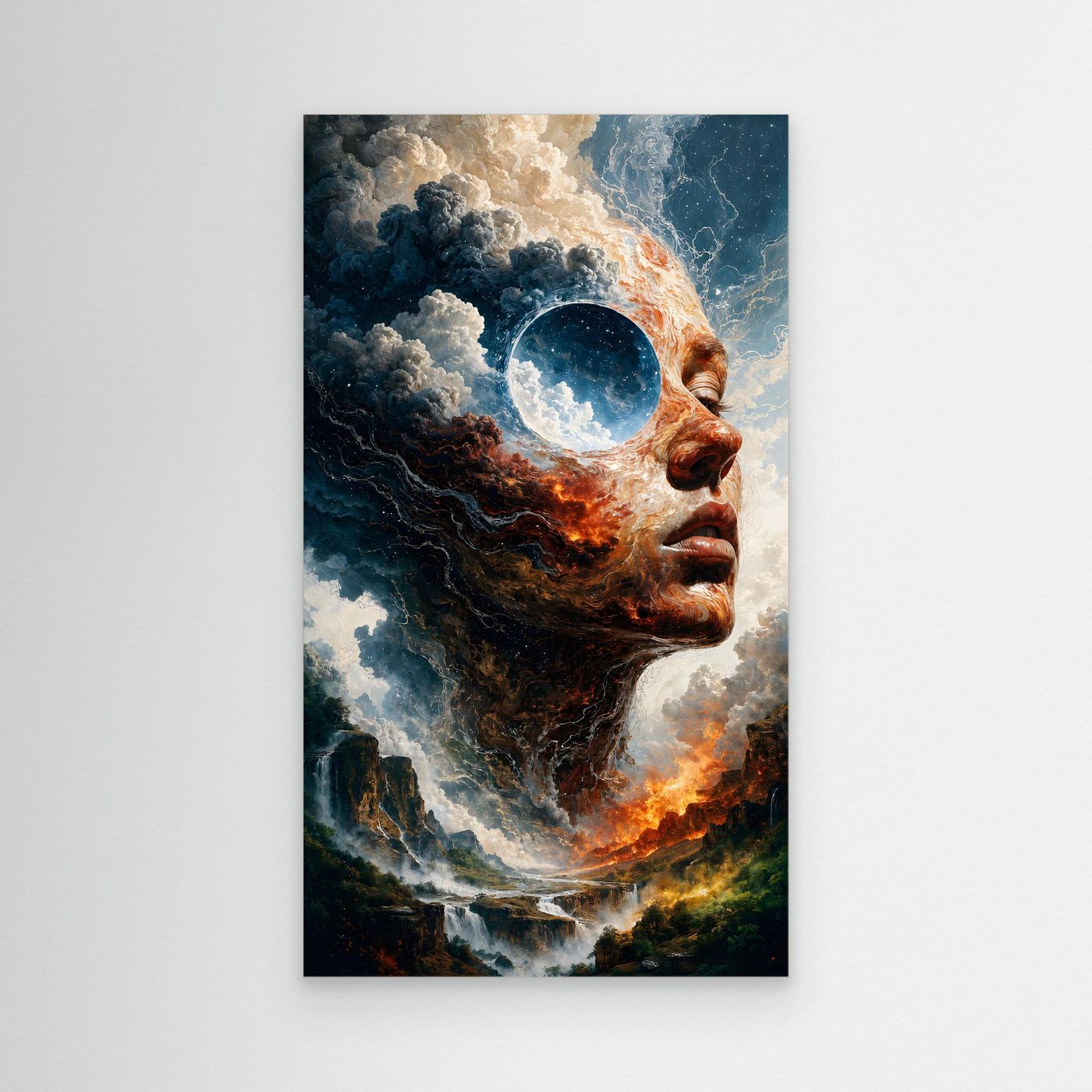 Zwischen Feuer und Himmel – Surreales XXL Leinwandbild mit Gesicht und Landschaft | FAR 01