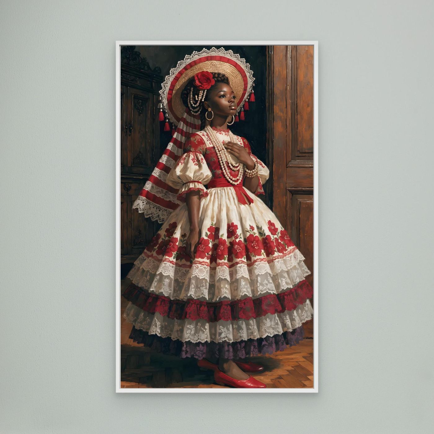 In Würde erblüht – ein elegantes Frauenporträt in opulentem Blütenkleid und kunstvollem Hut als XXL Leinwandbild | BOLD No. 08