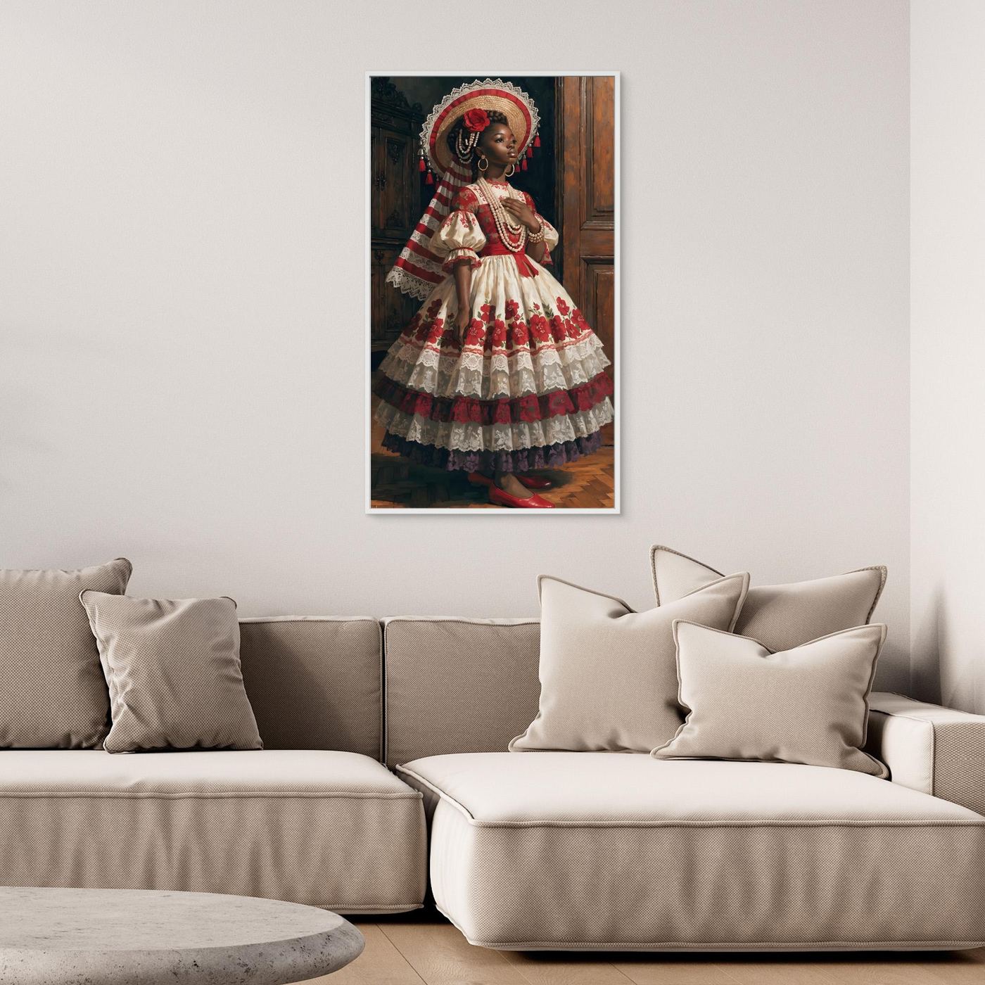 In Würde erblüht – ein elegantes Frauenporträt in opulentem Blütenkleid und kunstvollem Hut als XXL Leinwandbild | BOLD No. 08