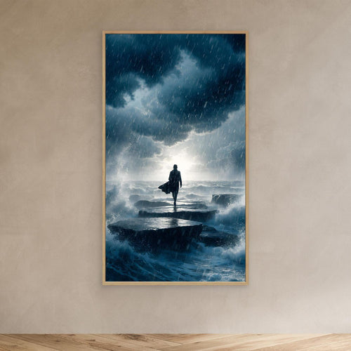 Durch den Sturm – eine einsame Gestalt auf einem Weg durch Regen, Wellen und dunkle Wolken als XXL Leinwandbild | FAR No. 03