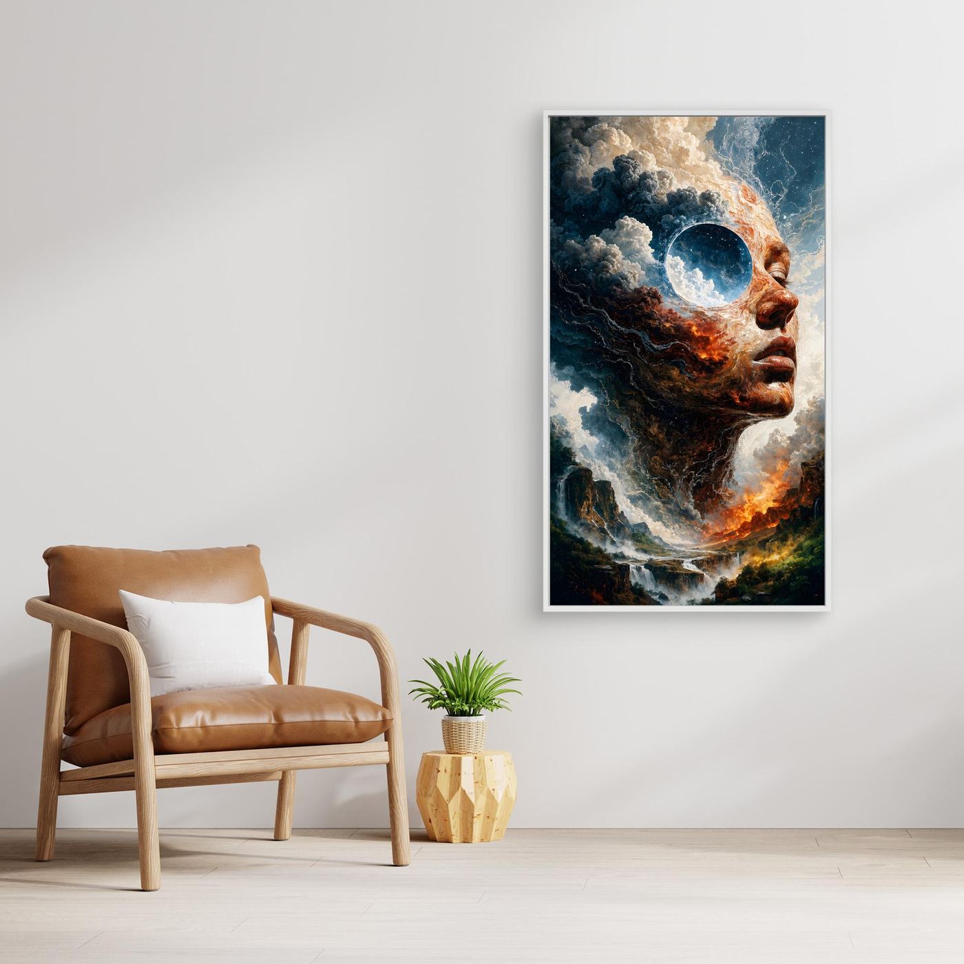 Zwischen Feuer und Himmel – Surreales XXL Leinwandbild mit Gesicht und Landschaft | FAR 01