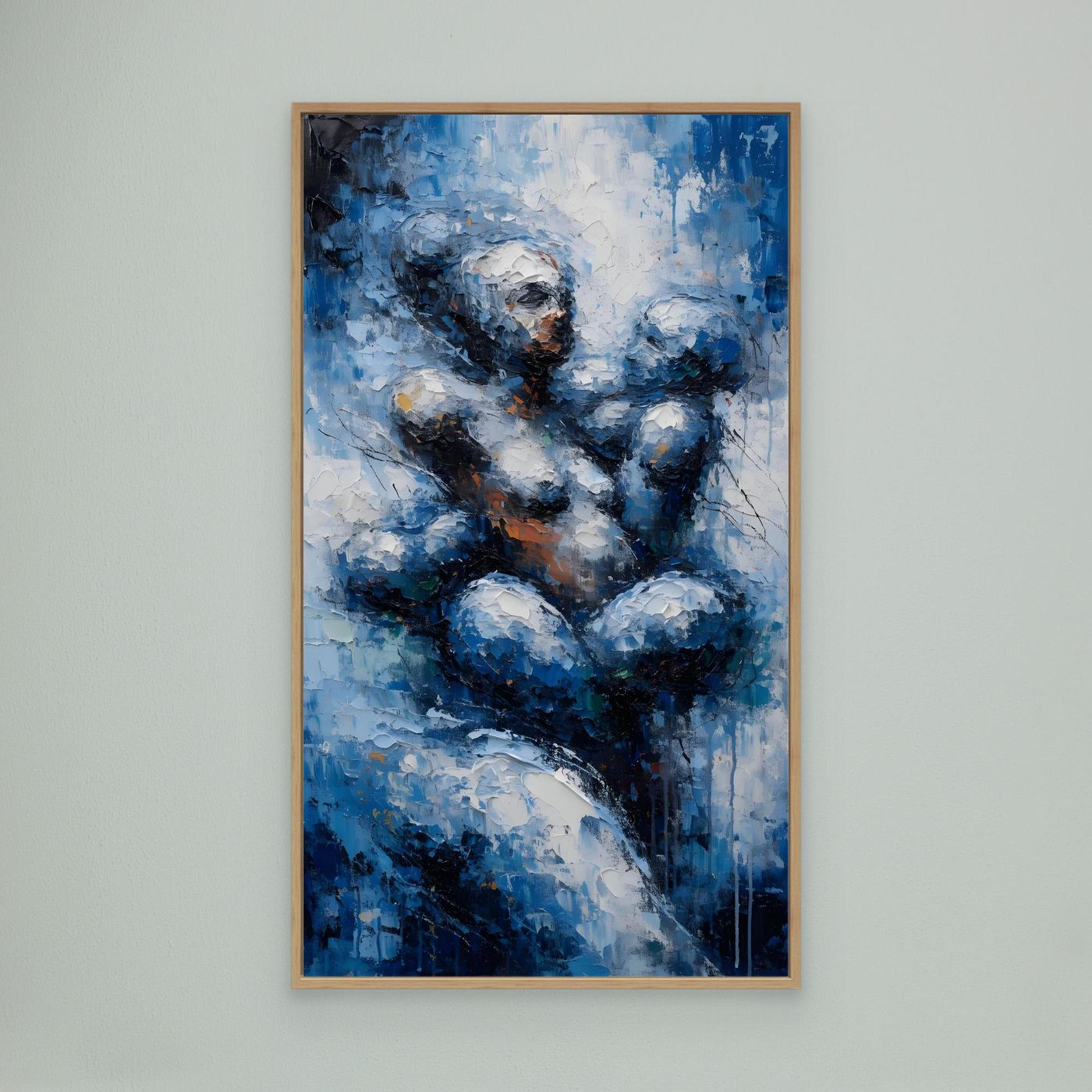Halt im Wandel – zwei ineinander ruhende Figuren aus blauen Farbschichten als XXL Leinwandbild | CALM No. 04